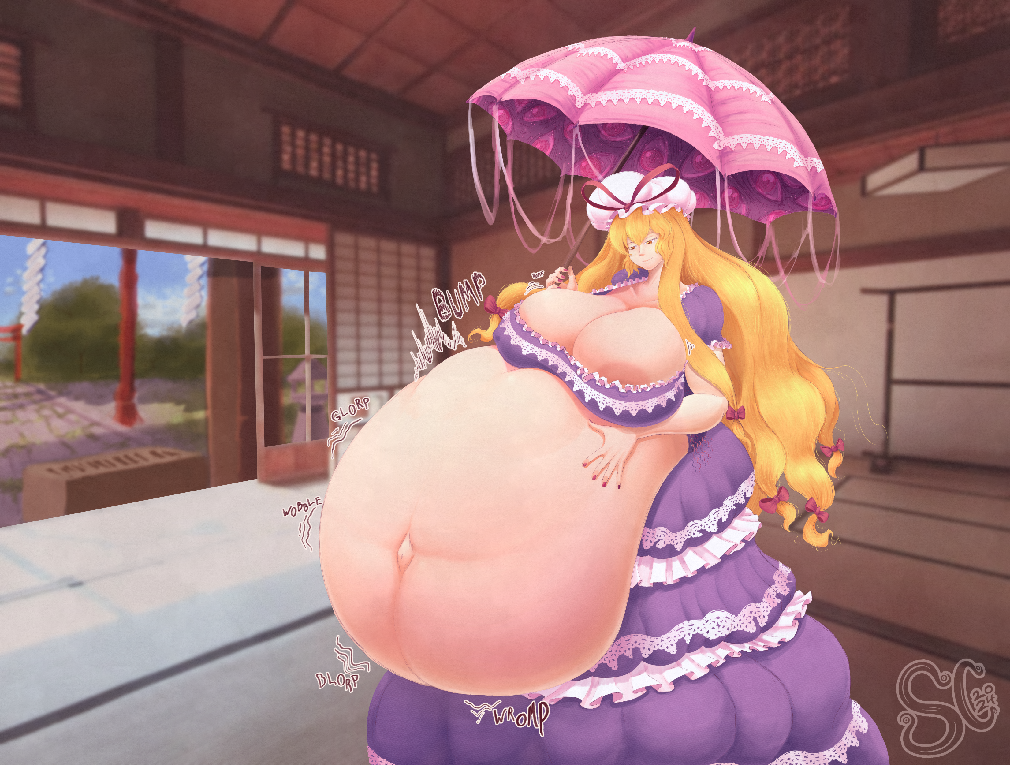 areola slip, areolae, belly, big belly, big breasts, blonde hair, breasts, cleavage, female, female pred, huge belly, parasol, same size vore, spaghetticultists, spoogmeister, stomach noises, touhou, umbrella, vore, yukari yakumo
