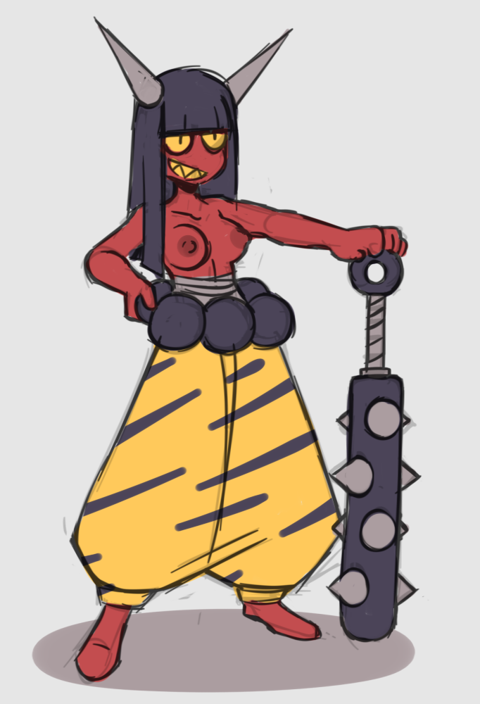 baggy_pants barefoot belt black_hair breasts female female_focus grey_background grin hand_on_hip hand_on_weapon holding holding_bat holding_mace holding_object holding_weapon horns kanabo kanabō long_hair nekuzx nipples oni red_skin shadow sharp_teeth striped_pants topless topless_female yellow_eyes yellow_pants yellow_teeth