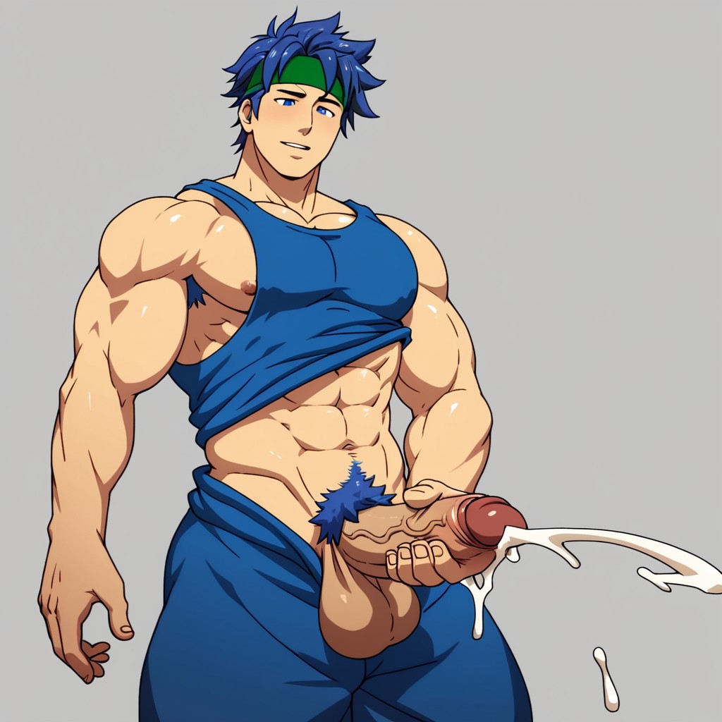 1boy 1male abs ai_generated background big_penis blue_eyes blue_hair blue_pants blue_pubic_hair blue_tank_top civitai cock cum cumming dangling_testicles fire_emblem green_headband grey_background hand_on_penis huge_balls huge_cock human human_only ike_(fire_emblem) male male_only manly masturbation muscles muscular muscular_arms muscular_male nintendo nipple partially_clothed penis pubic_hair simple_background smile smiling solo solo_male standing standing_masturbation testicles veiny_penis