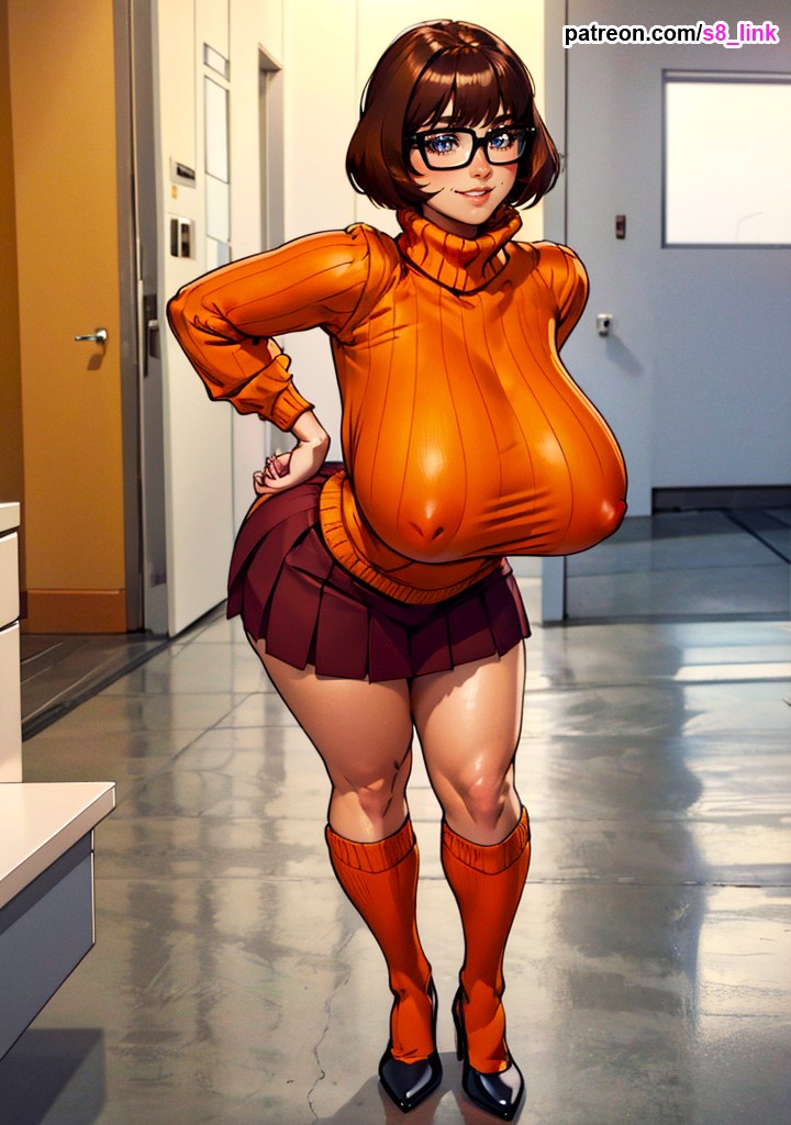 ai generated, blue eyes, breasts, brown hair, brown-haired female, brunette, busty, erect nipples under clothes, female, glasses, huge breasts, hyper breasts, massive breasts, medium hair, miniskirt, nipples visible through clothing, s8link, scooby-doo, short skirt, socks, sweater, top heavy, velma dinkley