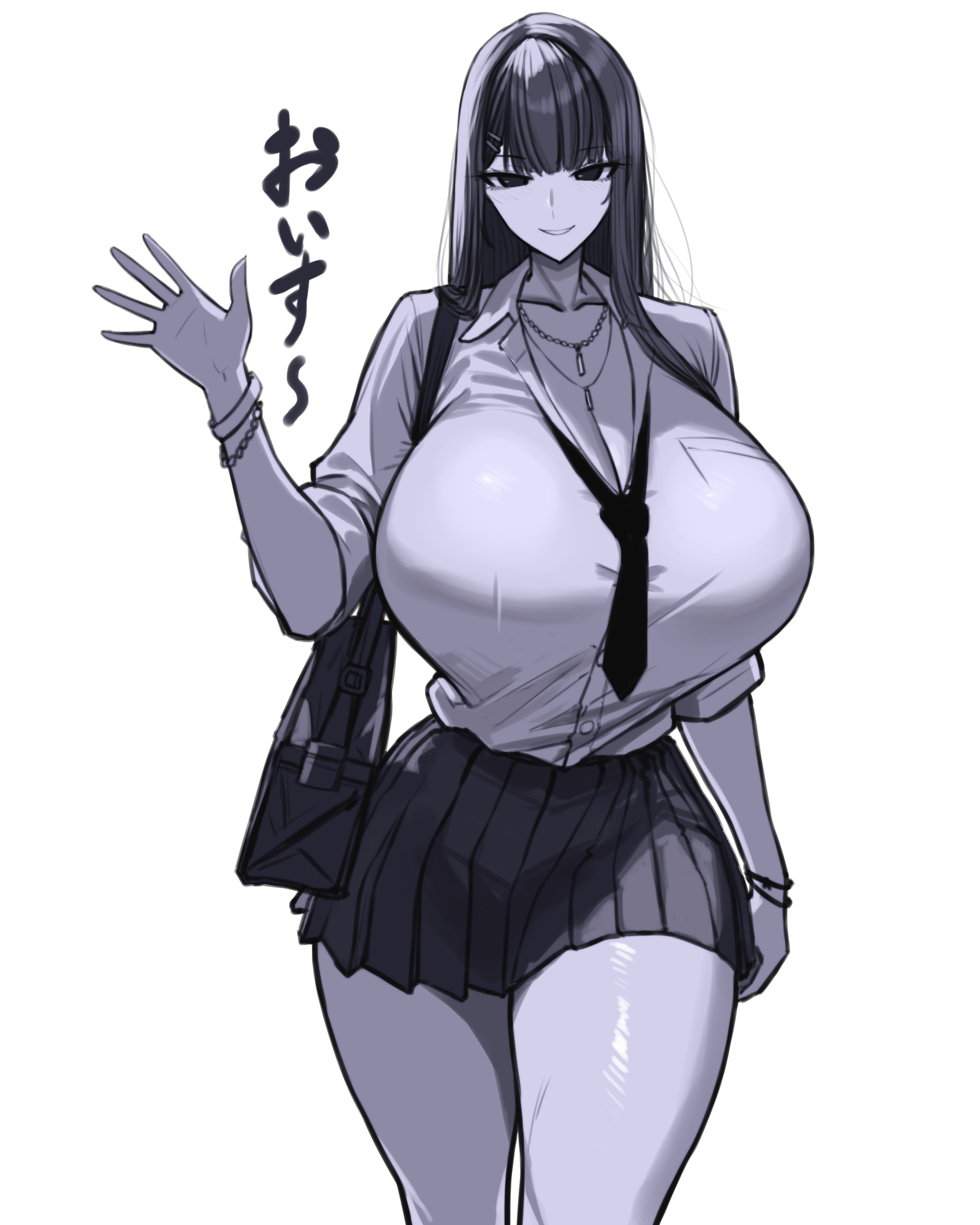 1girls, beautiful girl, big breasts, breasts, clothed, clothed female, female, female focus, female only, heavenly body, large boobs, large breasts, light skin, light-skinned female, long hair, long-haired female, looking at viewer, miniskirt, pleated skirt, short skirt, skirt, solo, solo female, solo focus, thick thighs, thighs, voluptuous female, walking, walking towards viewer, waving, waving at viewer, wholesome, wolffeld price