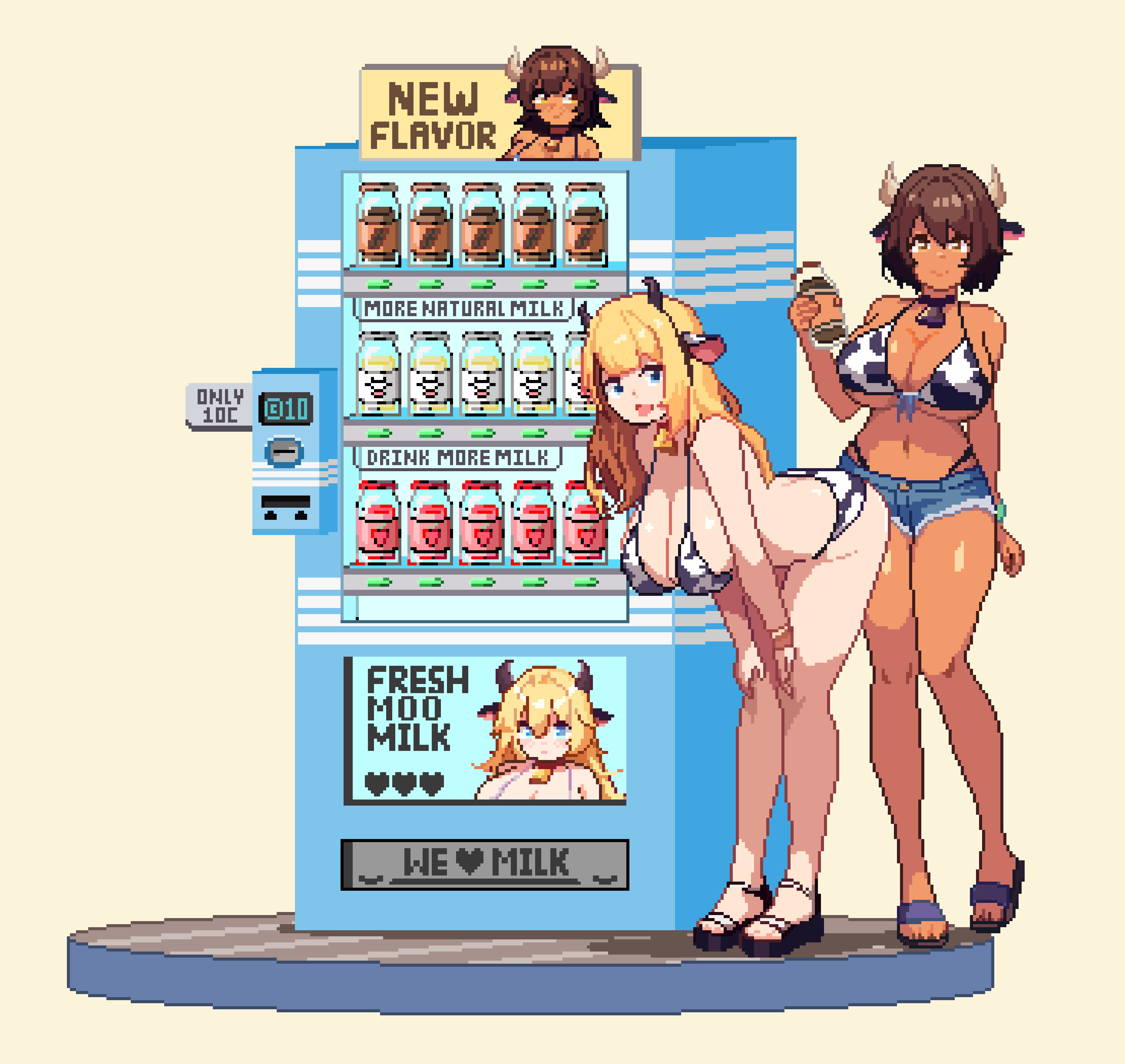 2024, 2girls, absurd res, animal ears, bell, bell choker, bikini, blonde hair, blue eyes, bottle, bracelet, breasts, brown eyes, brown hair, choker, cleavage, clothing, cow bikini, cow ears, cow girl, cow horns, cow print, cowbell, cowkini, dark skin, dark-skinned female, english text, feet, female, female only, flip flops, front-tie bikini, full body, hands on knees, heart, highres, holding bottle, horns, huge breasts, large breasts, leaning forward, light skin, light-skinned female, long hair, looking at viewer, milk, milk bottle, multiple females, multiple girls, open mouth, original, pixel art, sandals, short shorts, shorts, simple background, smile, standing, swimsuit, text, toes, tongue, vending machine, white background, whitte komett