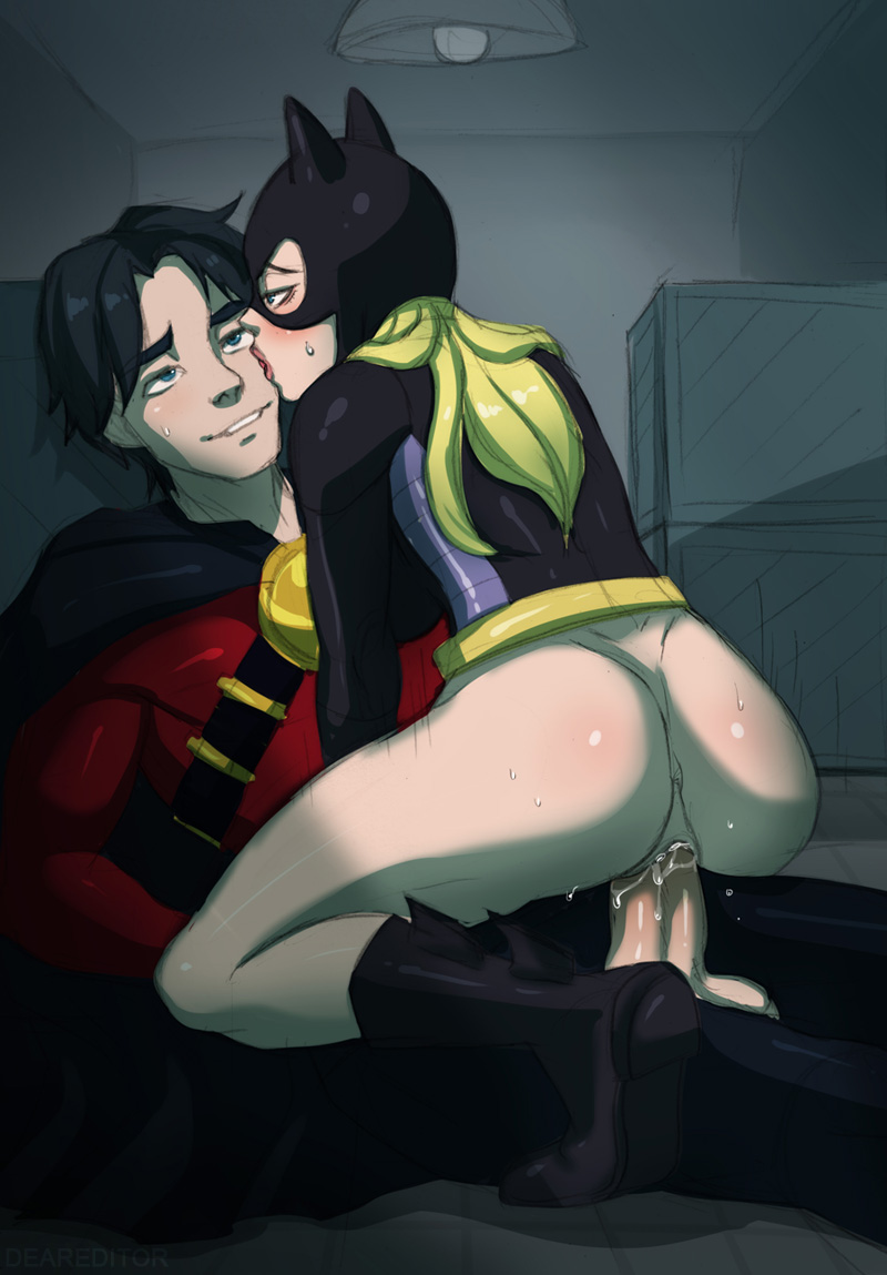 1boy, 1girls, ass, batgirl, batgirl (stephanie brown), batman (series), blush, boots, costume, cowgirl position, creampie, dc, dc comics, deareditor, erection, female, male, penetration, penis, pussy, red robin, sex, stephanie brown, straight, tim drake, vaginal penetration