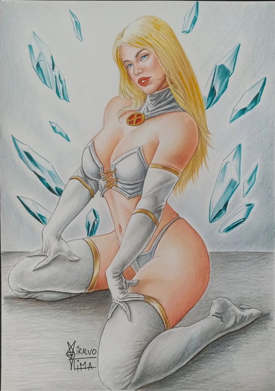 blonde_hair blue_eyes breasts choker curvy curvy_female emma_frost female female_only hellfire_club kneeling large_breasts marvel marvel_comics miralvo_lima navel new_x-men opera_gloves panties thighhighs white_queen x-men