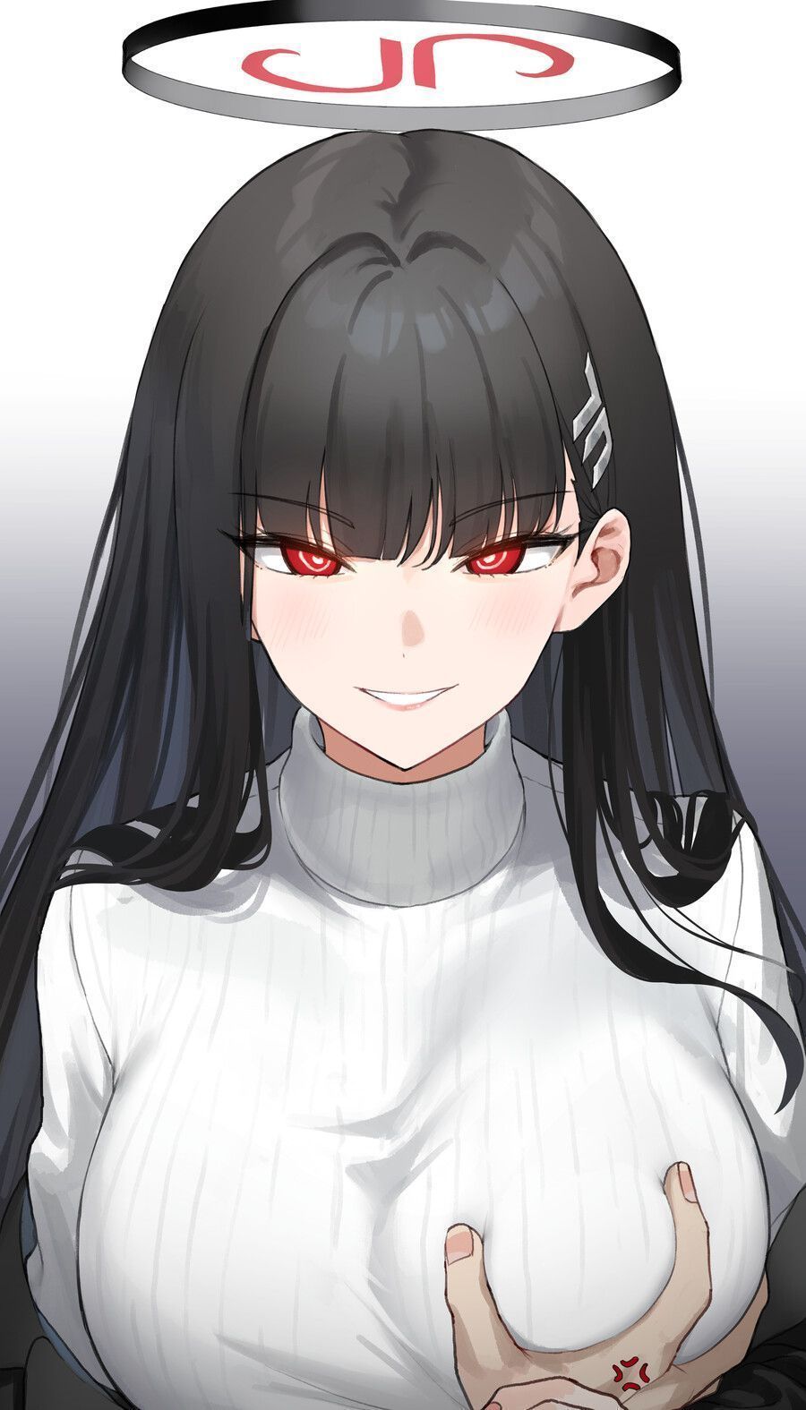 artist request, big breasts, black hair, blue archive, blush, boob grab, boob squish, breast grab, breast squeeze, breast squish, breasts, female, groping, hairclip, halo, long hair, red eyes, rio (blue archive), smile, smiling, smirk, turtleneck