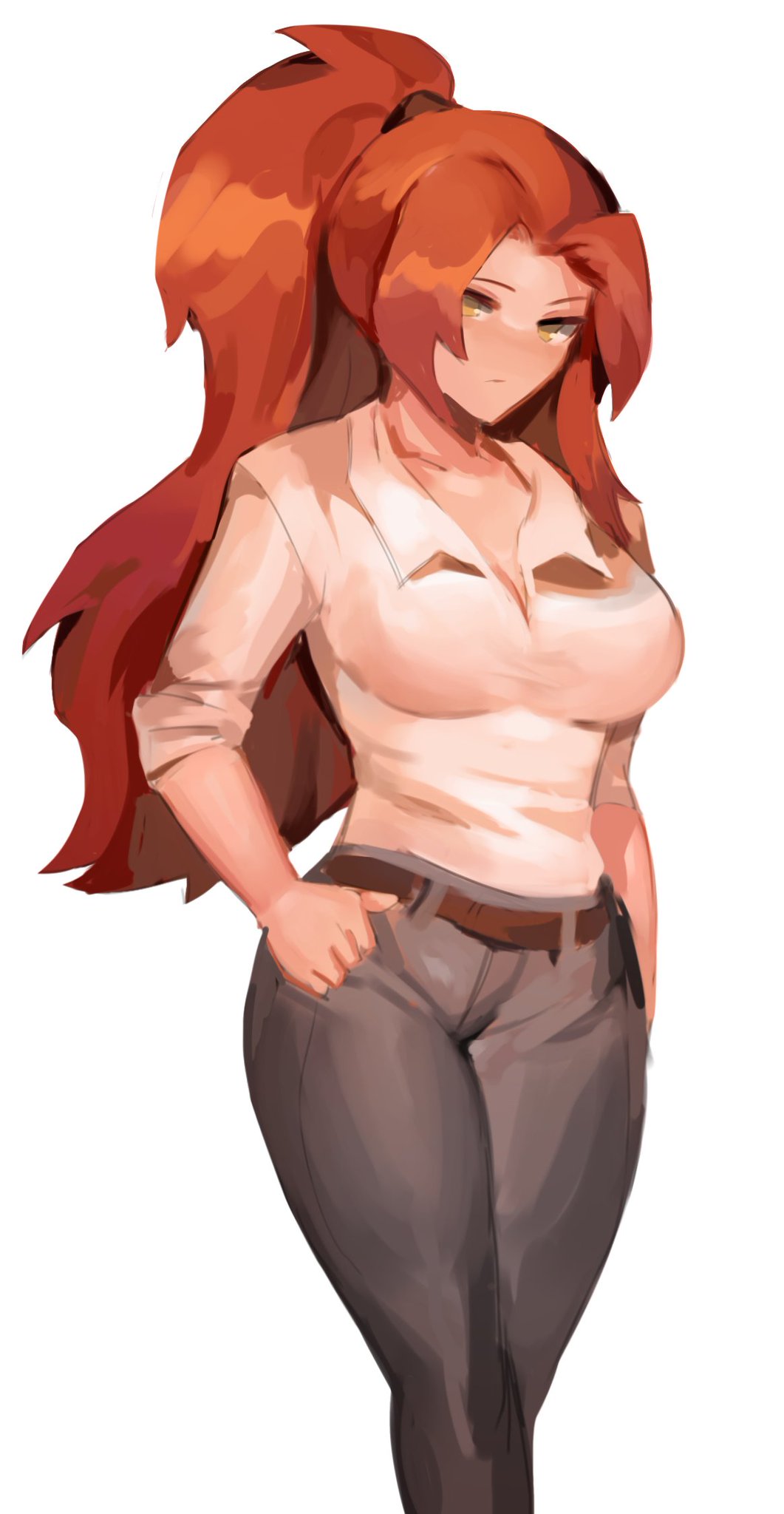 1girl better_version_at_source big_breasts business_suit business_woman gebura_(lobotomy_corporation) library_of_ruina lobotomy_corporation looking_at_viewer milf morchkins muscular_female ponytail project_moon red_hair thick_thighs twitter_sample white_background yellow_eyes