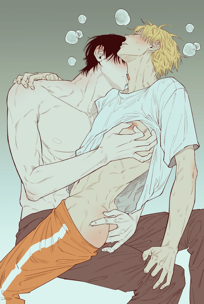 anal, anal fingering, anal fluid, ass, blush, chainsaw man, closed eyes, clothed, clothes lift, clothes pull, clothing, denji (chainsaw man), fingering, fingering ass, from side, gay, hirofumi yoshida, jmt sungnyung, licking, licking another's neck, licking neck, male, male focus, male only, mole, mole under mouth, muscular, muscular male, nipple fetish, nipple stimulation, nipples, no male underwear, pants, pants pull, puff of air, shirt lift, sweat, sweatdrop, sweating, topless, topless male, yaoi