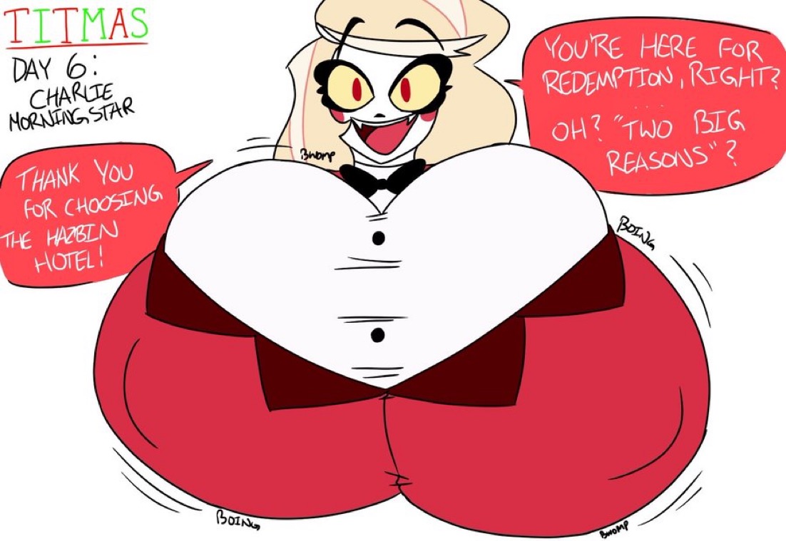 big breasts, blonde female, blonde hair, busty female, charlie morningstar (hazbin hotel), demon, demon girl, fangs, female, female focus, female only, hazbin hotel, hyper, hyper breasts, mr.lewd, red eyes, solo, tit-mas (mr.lewd), white skin, yellow sclera