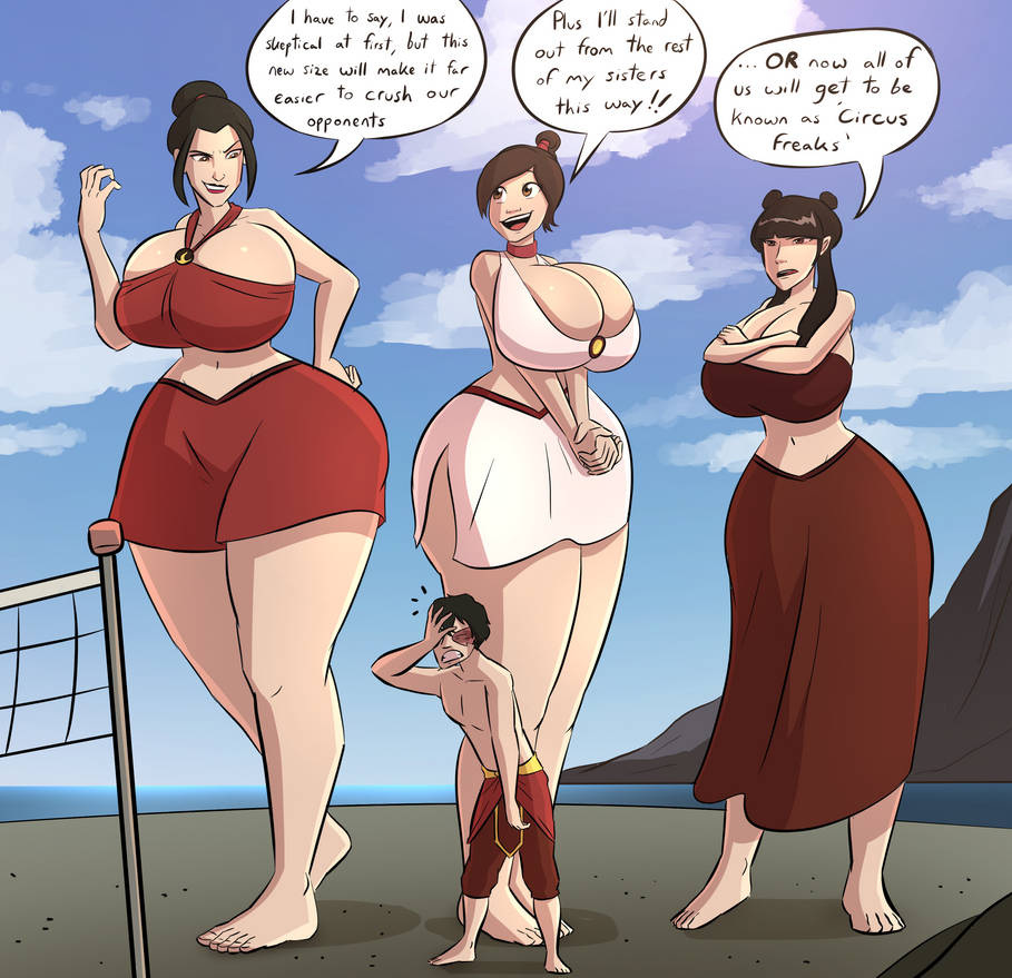 avatar the last airbender, azula, barefoot, breasts, emmabrave, female, giantess, large breasts, large female, large thighs, larger female, mai (avatar), mini giantess, size difference, ty lee, zuko