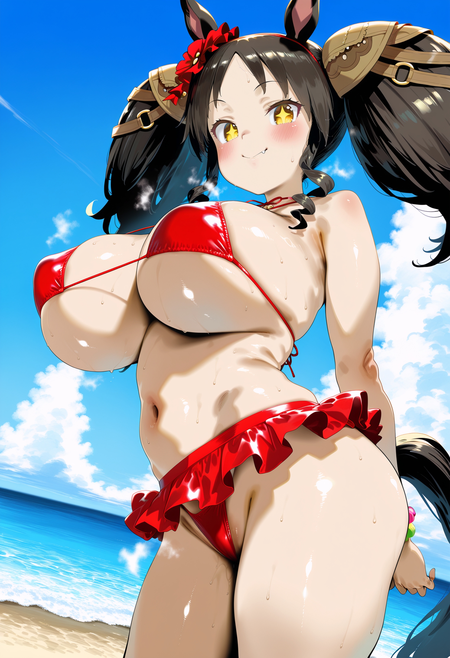 ai generated, animal ears, beach, big breasts, black hair, breasts, bright eyes, curly hair, female, horse girl, marvelous sunday (umamusume), red bikini, ribbon, twintails, umamusume, umamusume pretty derby, yellow eyes