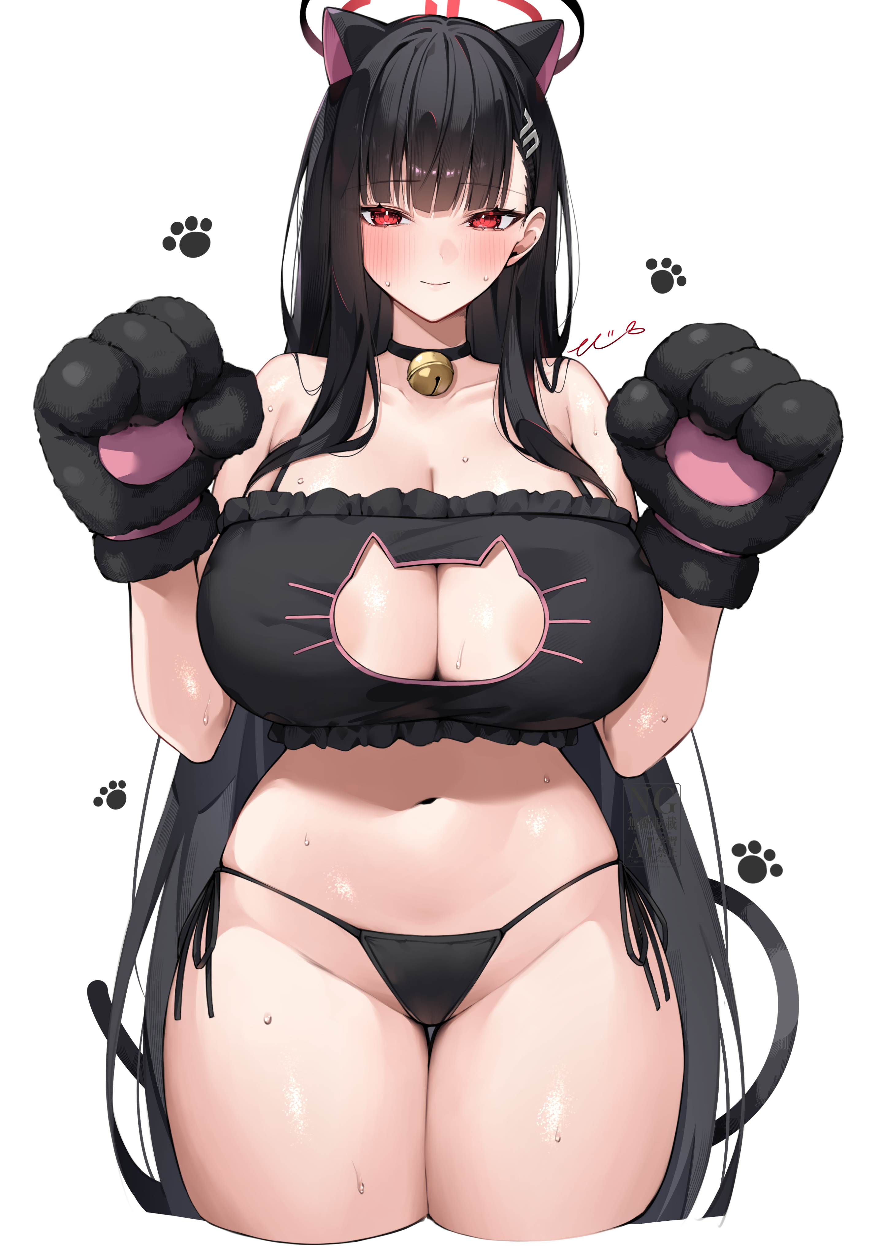 absurdres, alternate costume, animal hands, areola slip, bare shoulders, black choker, black gloves, black hair, blue archive, breasts, cat cutout, cat lingerie, choker, cleavage, cleavage cutout, closed mouth, clothing cutout, commentary request, female, gloves, hair ornament, hairclip, halo, hands up, highres, huge breasts, long hair, looking at viewer, mono (mo n mno), navel, paw gloves, red eyes, rio (blue archive), simple background, smile, solo, stomach, very long hair, white background