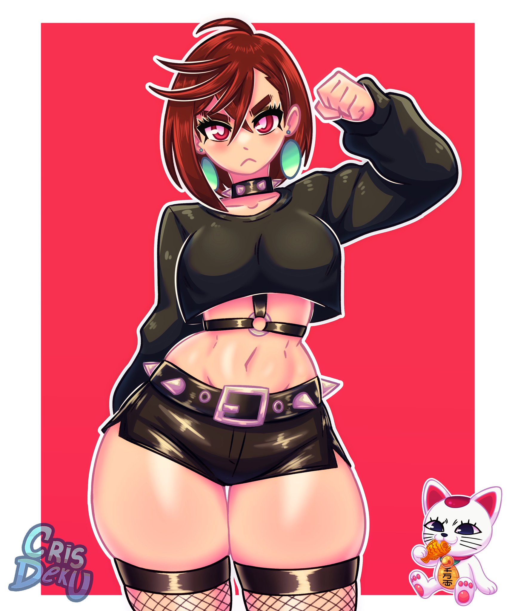 1girls, alternate outfit, ayase momo, big breasts, big thighs, big titties, breasts, brown hair, brown-haired female, crisdeku, curvaceous, curvaceous female, curvaceous figure, curvy, curvy figure, curvy hips, dandadan, female, female focus, female only, fishnets, front view, goth, goth girl, high thighs, looking at viewer, short hair, thick thighs