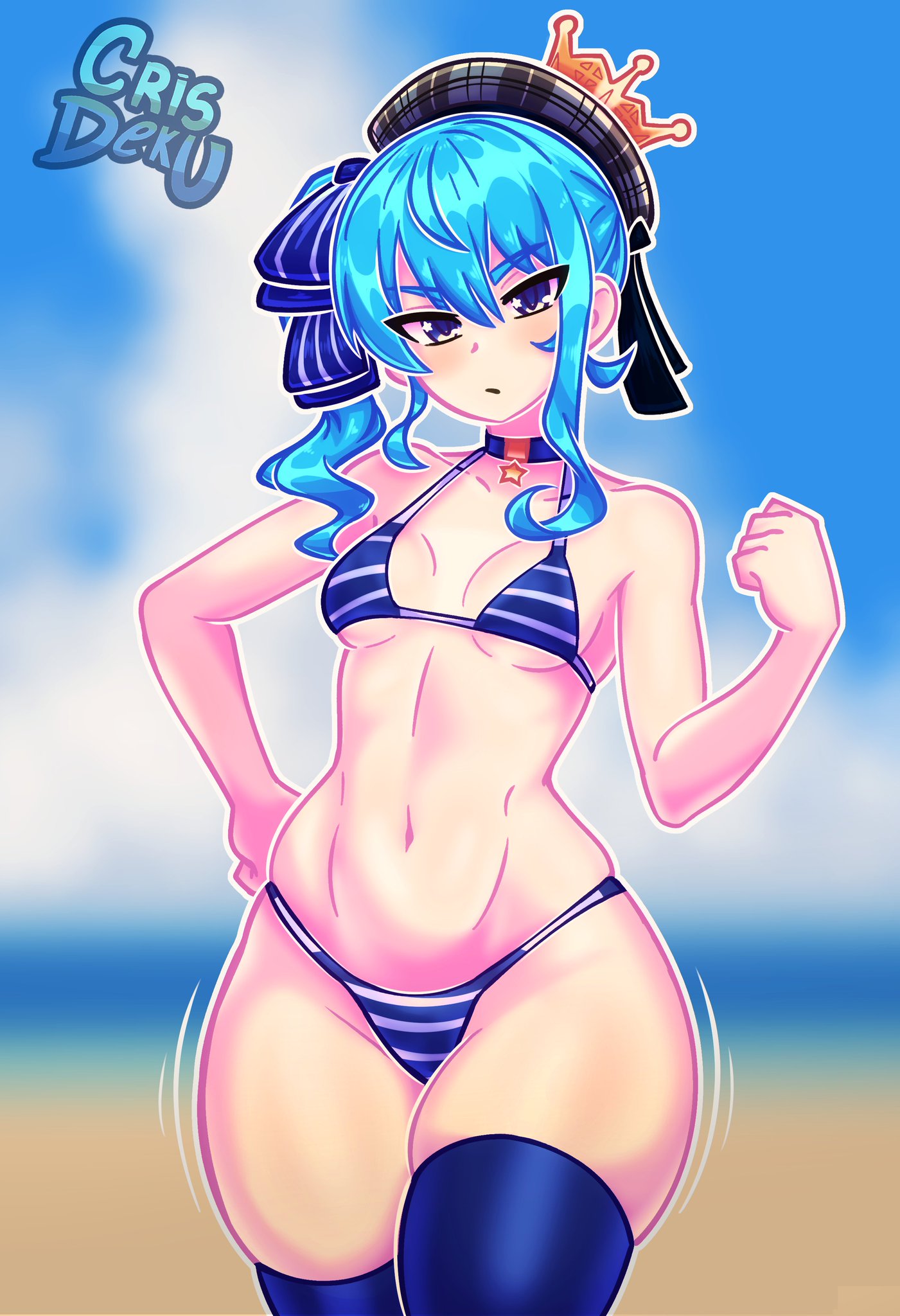 1girls, bikini, blue eyes, blue hair, breasts, collar, crisdeku, female, hololive, hololive gen 0, hololive japan, hoshimachi suisei, leaning forward, looking at viewer, small breasts, smile, solo, sweat, sweaty, tagme, thigh gap, virtual youtuber