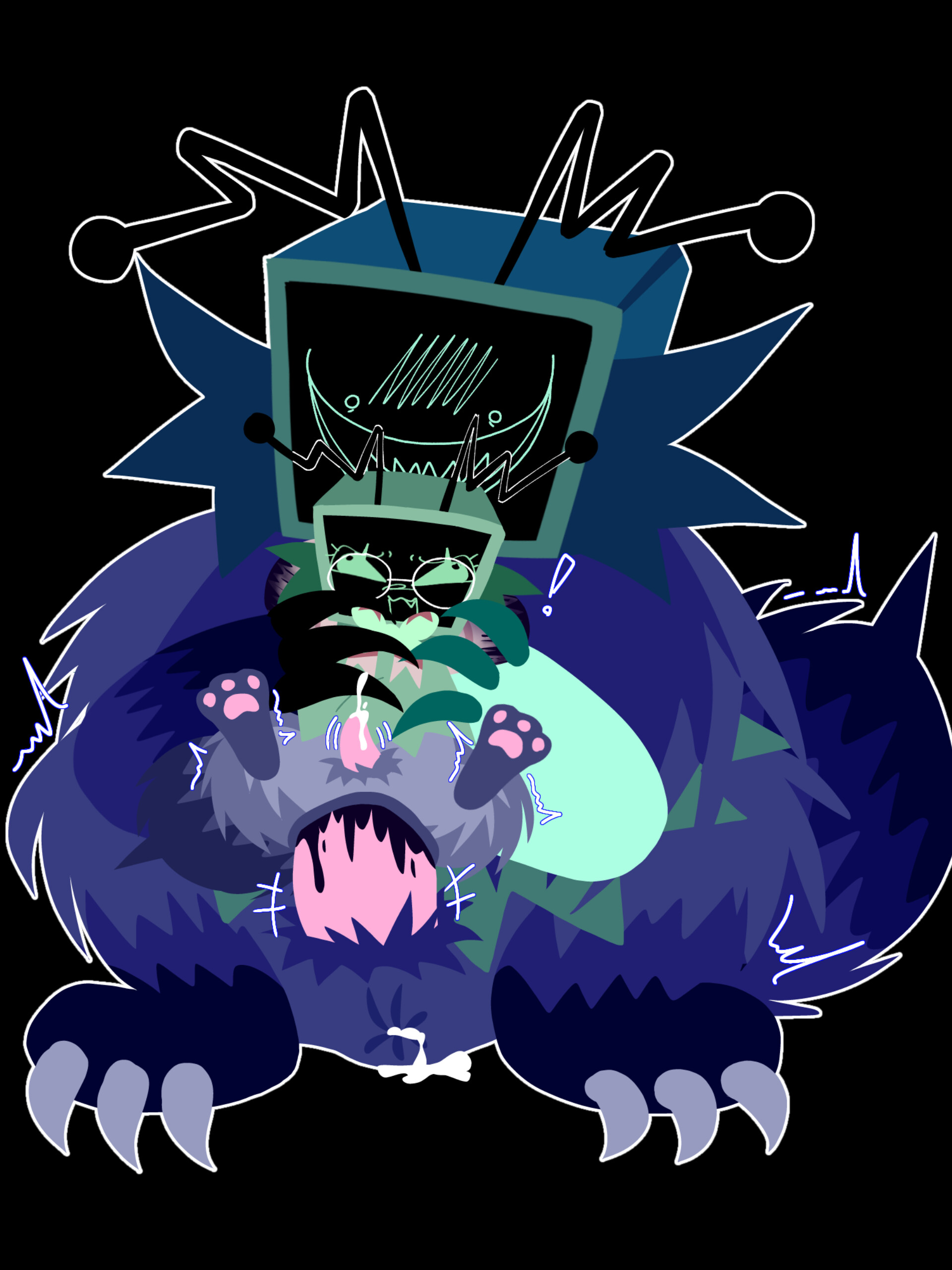 2futas, antennae, big penis, bleeding, bleeding from anus, blood, claws, cum, cum in ass, cumming, cumming from anal sex, cumming from rape, cumming while penetrated, dandy's world, eyes rolling back, futa on futa, futanari, intersex, male, monster, paws, penis, rape, raped, raped by monster, shaking, spirzoing, tagme, vee (dandy's world)
