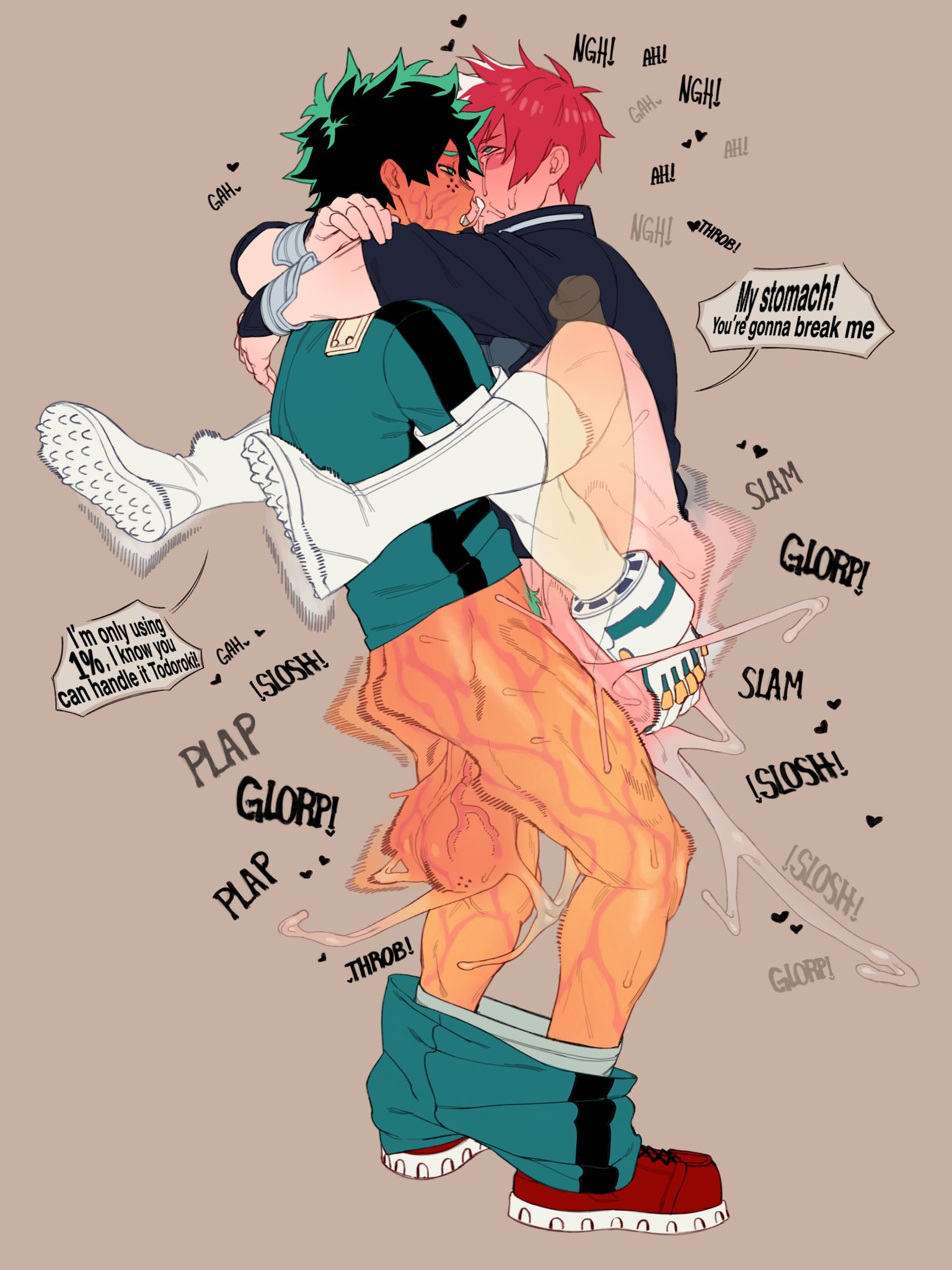 2boys, big penis, boku no hero academia, carrying, carrying partner, crying, dialogue, gay, holding, hyper, hyper penis, impossible fit, izuku midoriya, kiwi pug, male, male focus, male only, my hero academia, onomatopoeia, pants down, penis, see-through, shoes, shorts down, shouto todoroki, stand and carry position, standing, standing sex, tododeku, todoroki shouto, x-ray