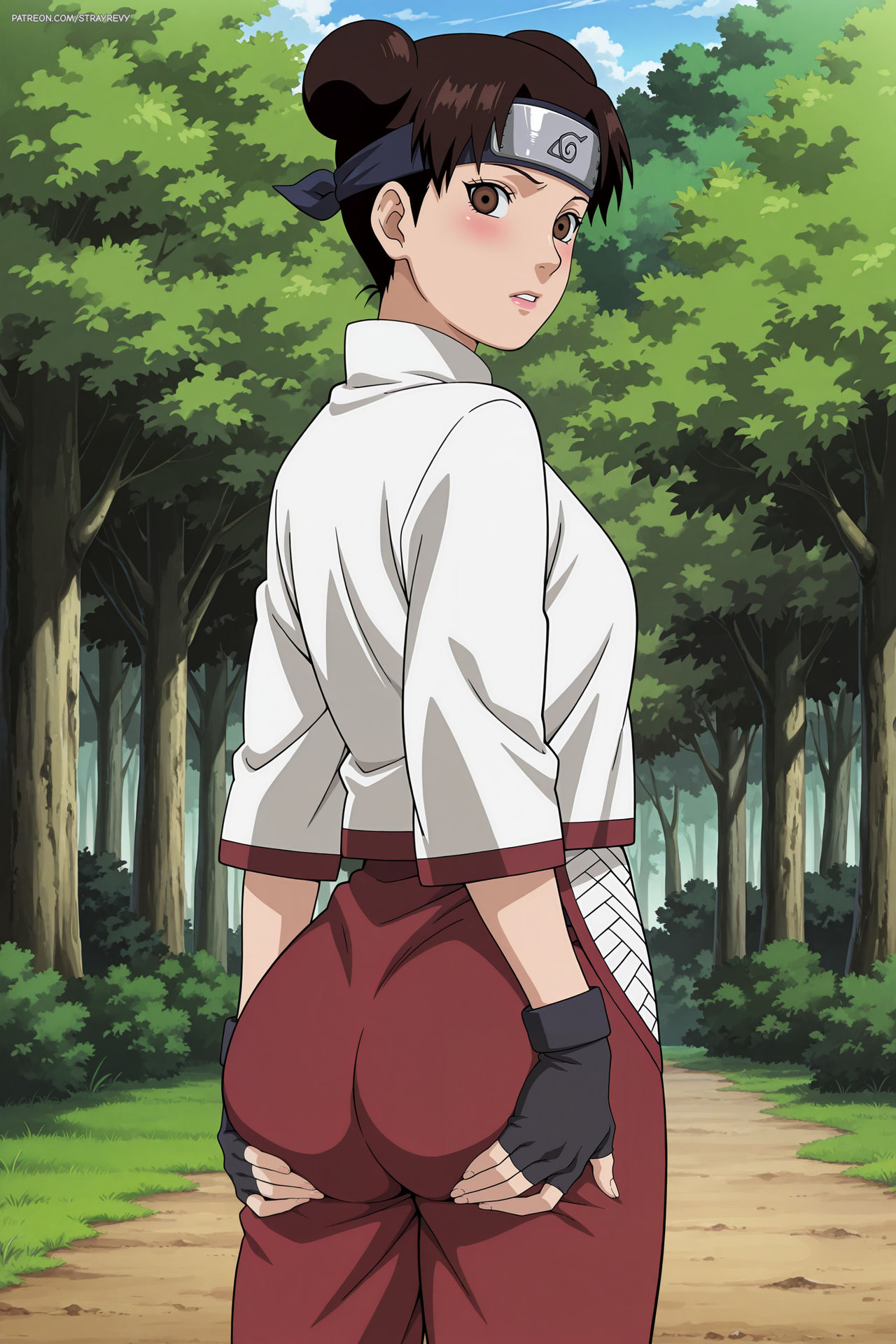 1girls, ai generated, ass, ass focus, ass grab, back view, big ass, breasts, brown hair, chinese clothes, double bun, female, female only, forest, grabbing own ass, hair bun, huge ass, looking at viewer, looking back, naruto, naruto (series), naruto shippuden, outdoors, pants, pinup, presenting, presenting ass, rear view, showing, showing ass, showing off ass, sideboob, solo, solo focus, strayrevy, tenten, twin buns, viewed from behind, voluptuous, voluptuous female, watermark
