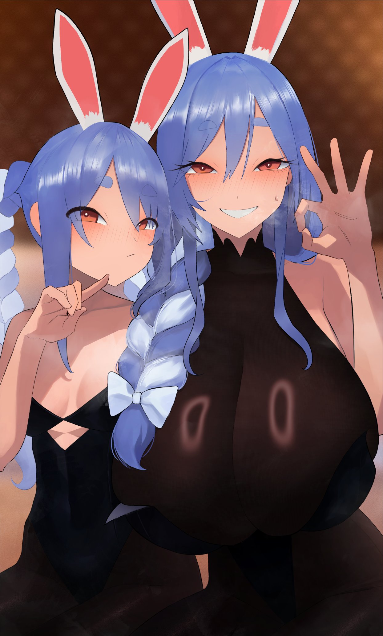 2girls, alternate breast size, alternate breast size (larger), alternate costume, animal ear fluff, animal ears, bare shoulders, black bodystocking, blue hair, blush, bodystocking, braid, braided ponytail, braided twintails, breasts, bright pupils, carrot, carrot hair ornament, clothing cutout, collar, collarbone, eyebrows visible through hat, eyelashes, female, female only, food-themed hair ornament, hair between eyes, hair ornament, hair over shoulder, hazuki kazue, high collar, highres, hollow shine, hololive, hololive fantasy, hololive japan, huge breasts, long hair, looking at viewer, mature female, medium breasts, meme, mom and her daughter (meme), mother and daughter, multi ear, multicolored hair, multiple females, multiple girls, narrowed eyes, oral invitation, pekomama, rabbit ears, rabbit girl, red eyes, see-through bodystocking, see-through clothes, shiny skin, sidelocks, sleeveless, smile, standing, steam, thick eyebrows, twin braids, two-tone hair, underboob cutout, usada pekora, virtual youtuber, white pupils