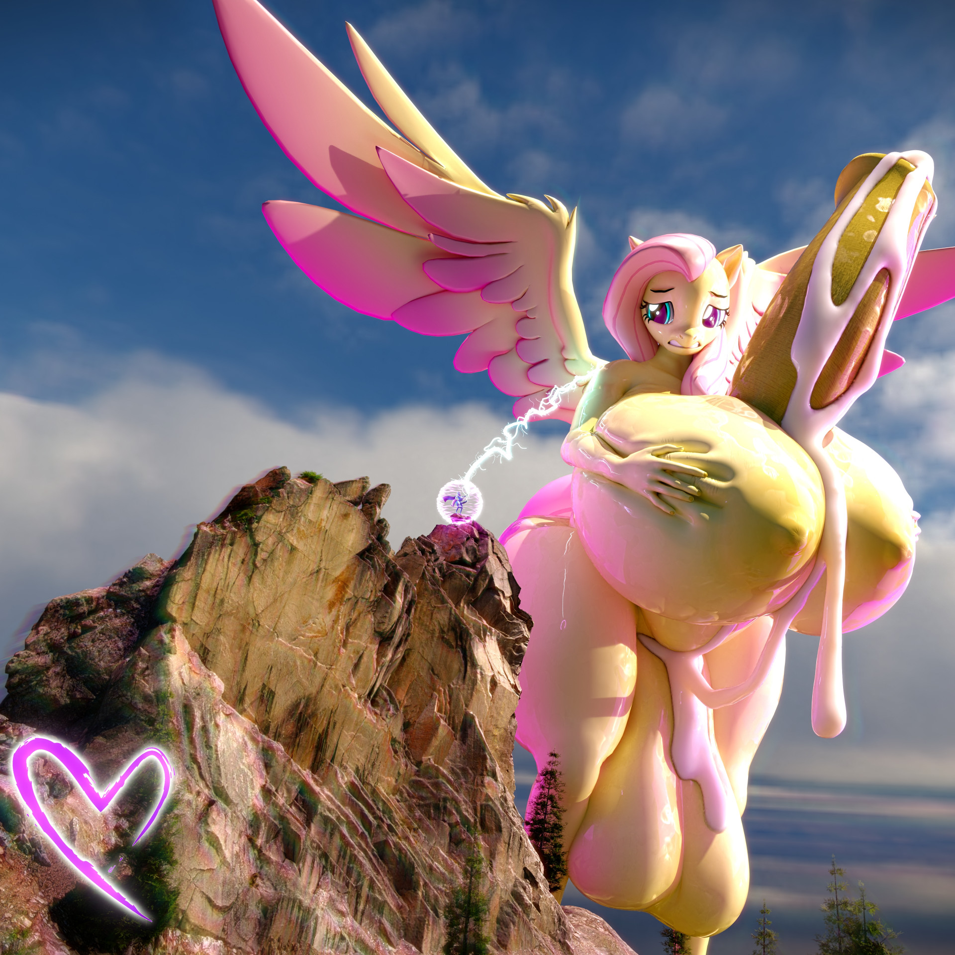 2futas, anonymousfm, balls, breasts, cum, equine penis, expansion, fluttershy (mlp), friendship is magic, futa giantess, futanari, giantess, growth, hasbro, horsecock, hyper, hyper balls, hyper breasts, hyper penis, intersex, kinktober, leaking cum, macro, magic, my little pony, nude, penis, size difference, thick thighs, trixie (mlp)