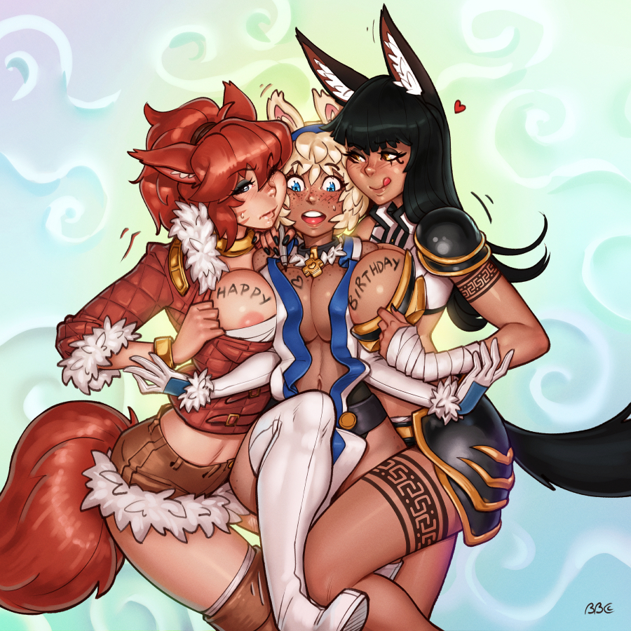 3girls animal_ears animal_humanoid animal_tail anthro bbc-chan breast_press breasts breasts_out bunny_and_fox_world canine clothed clothing female jackal jakar_(cathare-saurus) licking_lips multiple_girls sheep sheep_girl shephira tattoo vivian_(clockwork) wolf wolf_girl yuri