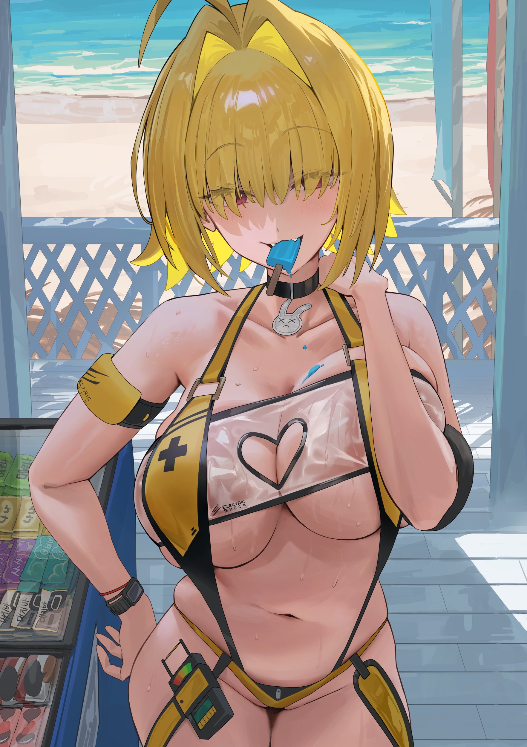1girls, armband, background, beach, big breasts, bikini, blonde hair, boob window, breasts, cat mouth, chubby, chubby female, collar, elegg (boom and shock) (nikke), elegg (nikke), eyebrows raised, eyebrows visible through hair, eyes visible through hair, fangs, female, female only, goddess of victory: nikke, hand on shoulder, heart symbol, hood x art, huge breasts, ice cream, ice cream drip, ice cream in mouth, ice cream on breasts, multicolored hair, naughty face, navel, purple eyes, sand, see-through clothing, smug, solo, tummy, underboob, yellow bikini, yellow hair