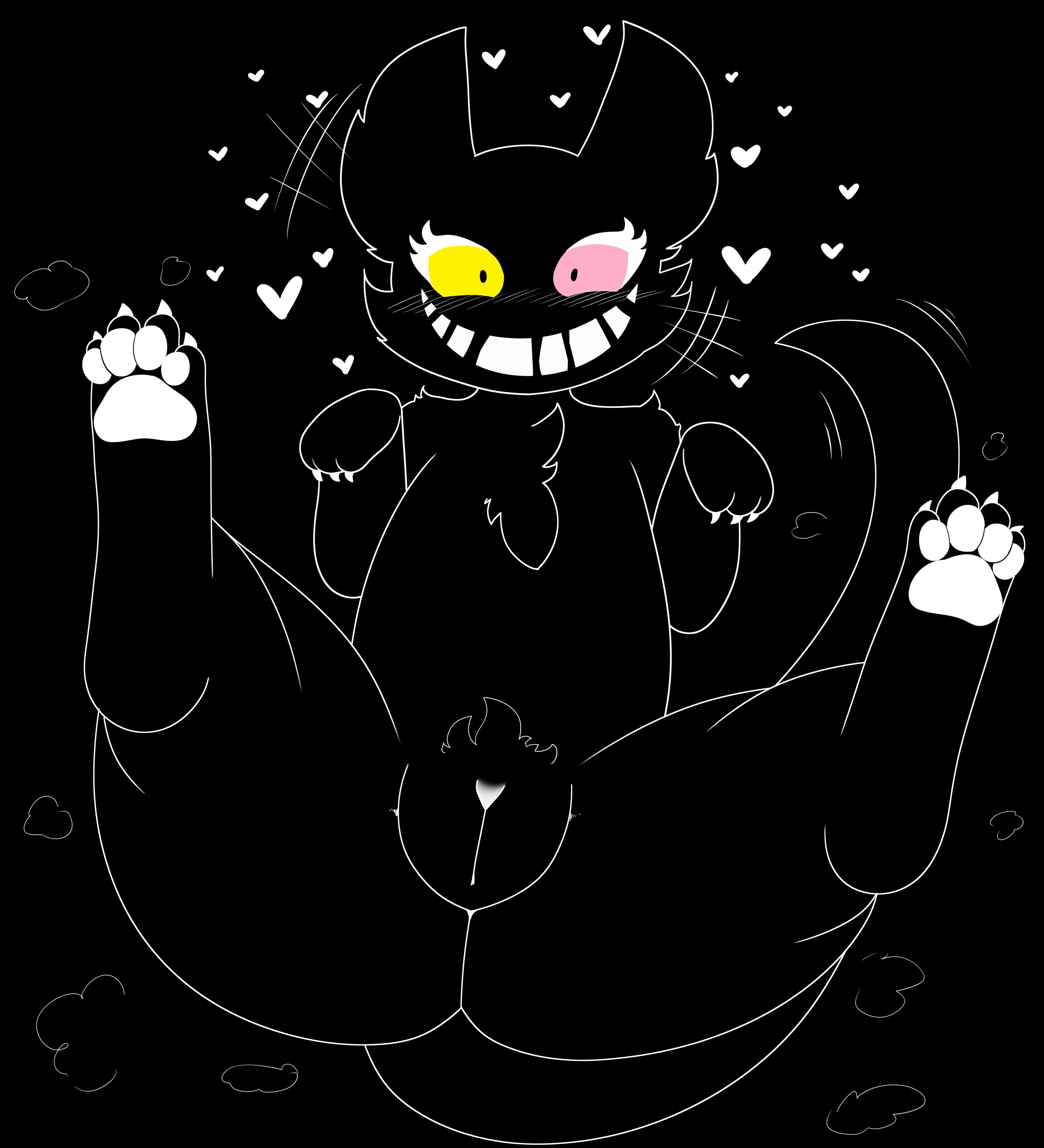 1girls, a cat is fine too, ass, black background, black body, black fur, black hair, blush, blush lines, blushing, blushing at viewer, blushing female, cat ears, cat tail, chest tuft, claws, deltarune, eyelashes, feline, female, feral, friend (deltarune), fur, heart, hearts around head, heterochromia, laugh, laughing, laughing at viewer, legs apart, legs spread, legs up, looking at viewer, missionary, missionary position, mistpirit, multicolored eyes, nippleless, on back, pawpads, paws, pink eyes, pussy, smile, smiling, smiling at viewer, solo, tailwag, toony, undertale (series), vagina, wagging tail, yellow eyes