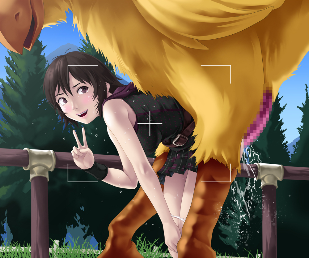 animal, bird, brown eyes, censored, chocobo, deep rising, female, female on feral, feral, feral on female, final fantasy, final fantasy xv, human, human on feral, iris amicitia, male, mosaic censoring, penis, sex, size difference, smile, zoophilia