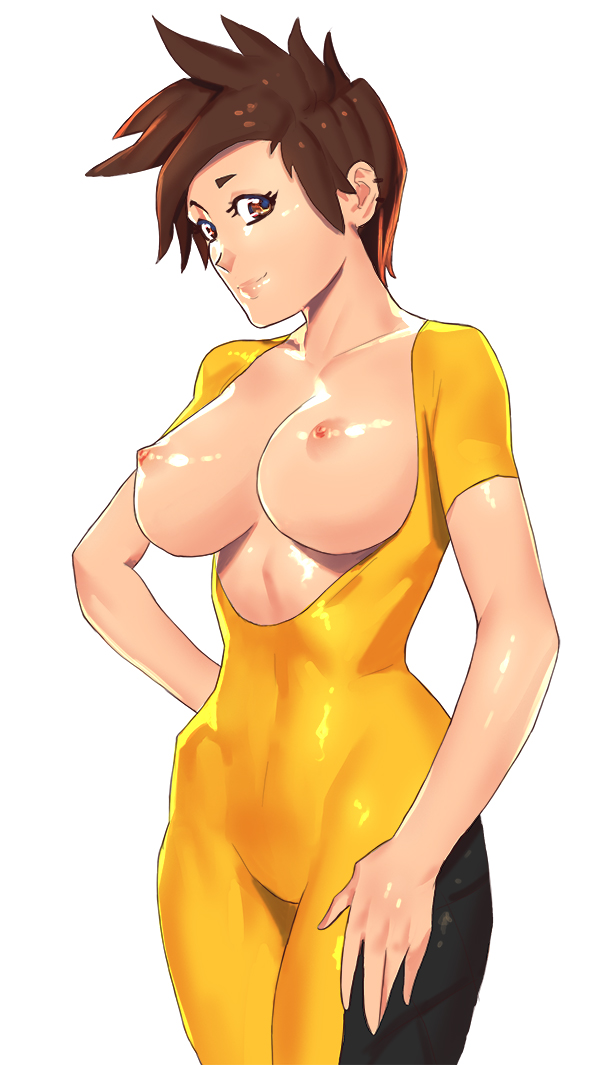 areolae, big breasts, bodysuit, breasts, brown hair, exposed breasts, female, female only, jhinbrush, large breasts, lena oxton, looking at viewer, nipples, overwatch, solo, tracer