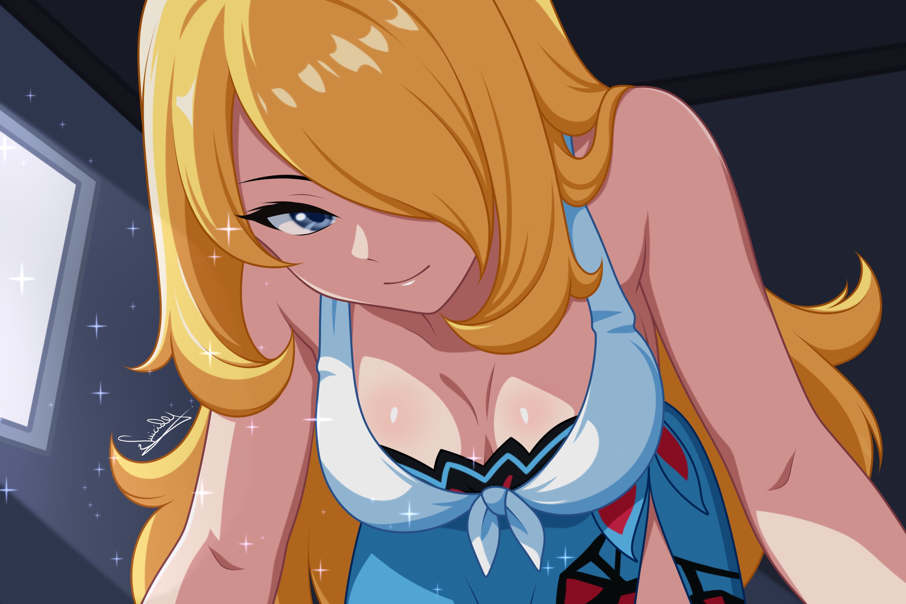 1girls, 2025, 2d, alternate costume, artist name, bending forward, bending over, big breasts, blonde female, blonde hair, blue eyes, blue eyes female, breasts, cleavage, cleavage cutout, cleavage focus, clothed, clothes, clothing, color, colored, cynthia (pokemon), cynthia (summer 2025) (pokemon masters), digital media (artwork), fanart, female, female focus, female only, fully clothed, fully clothed female, game freak, hair over one eye, hi res, indoors, inside, large breasts, leaning forward, light skin, light-skinned female, nintendo, pokemon, pokemon dppt, pokemon masters, pokemon masters ex, shaded, smiling, smiling at viewer, solo, solo female, solo focus, su1zide, voluptuous, voluptuous female, wide hips, window, window light