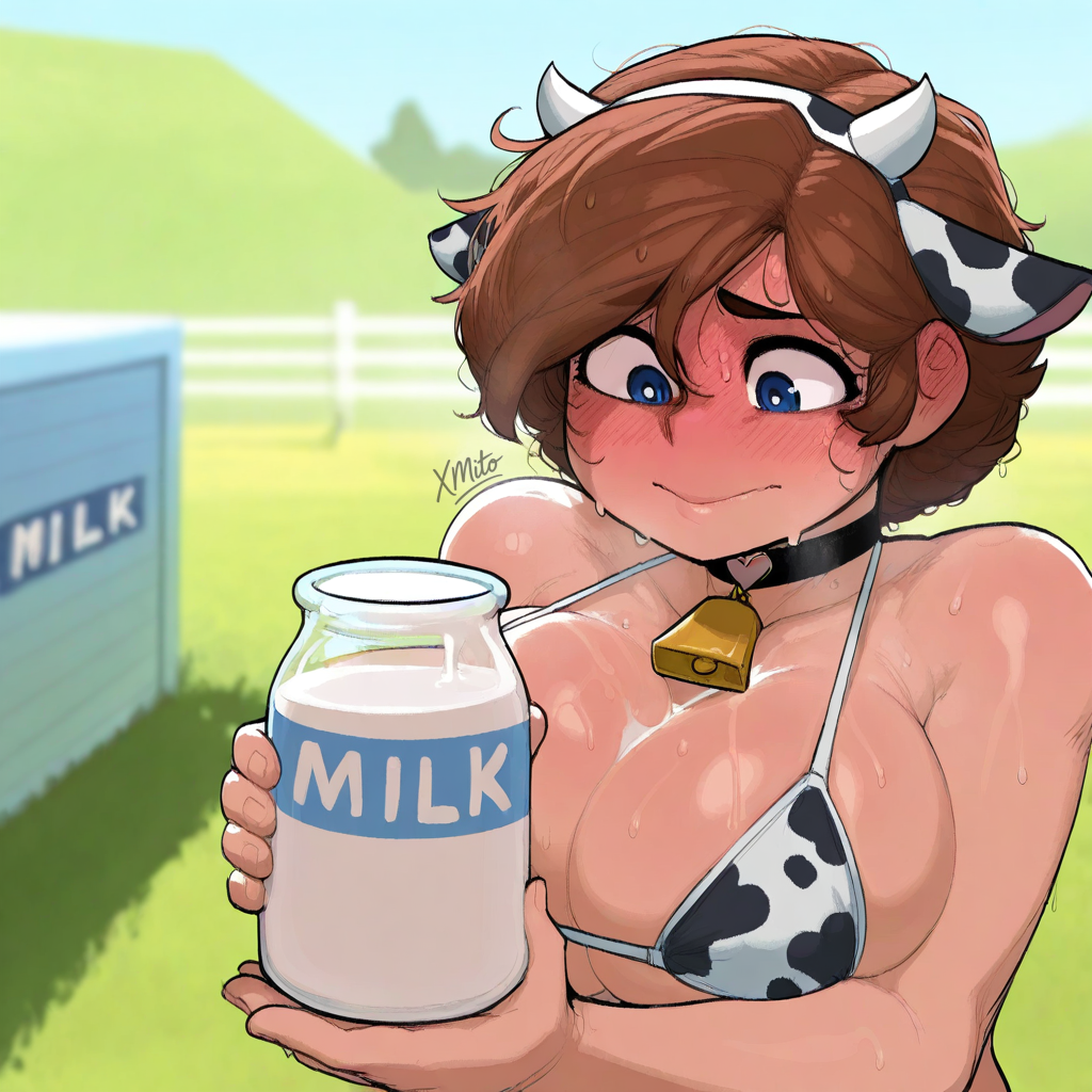 ai generated, blue eyes, blush, cow girl, female, jenny belle (slipperyt), lying on back, milk bottle, minecraft, sweating, tagme, tongue out, xmito