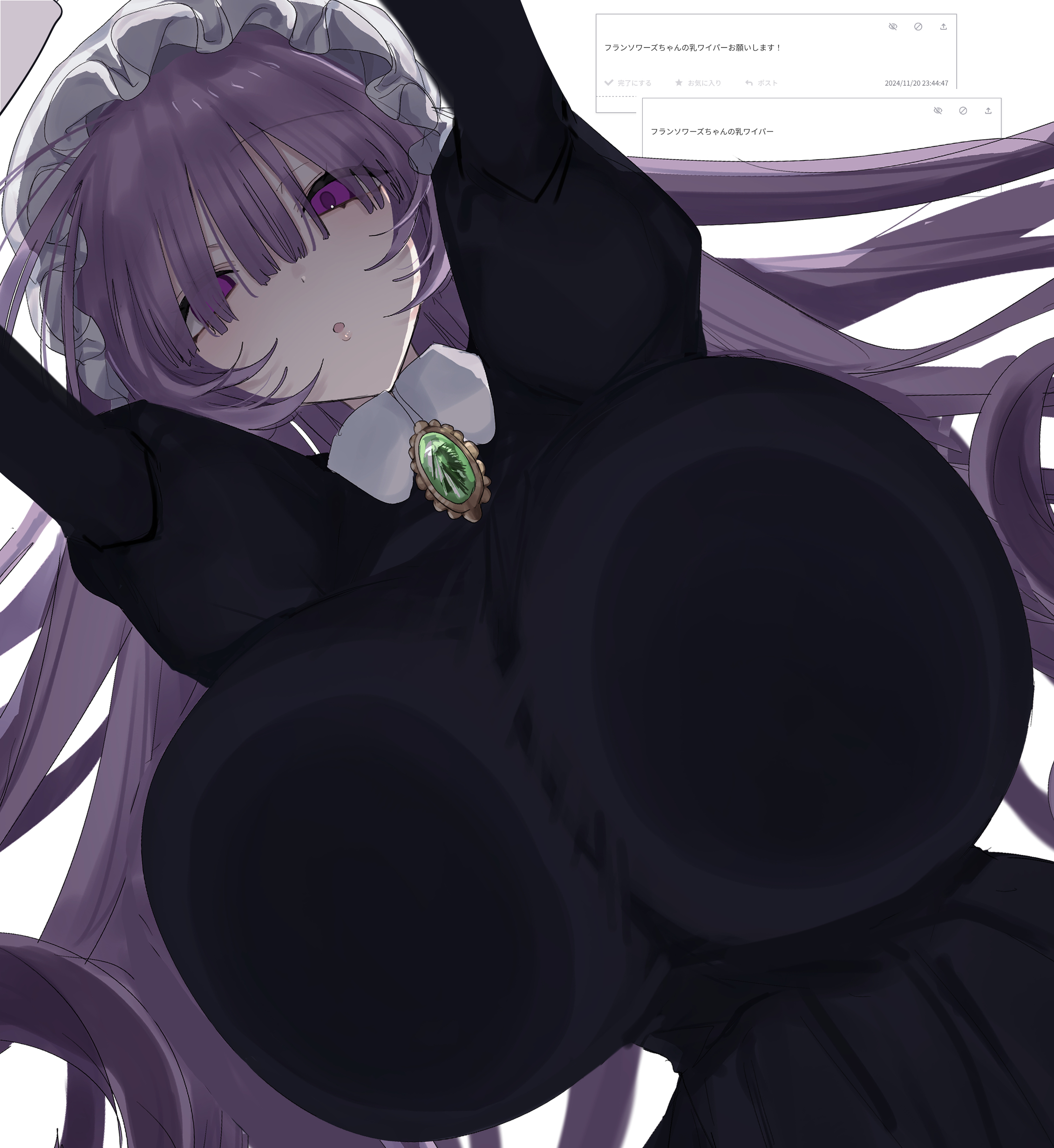 :o, breasts, eurasia (wtp09ptw14), female, female only, francoise (eurasia), huge breasts, jewelry, long hair, looking at viewer, maid, maid headdress, maid uniform, oc, original, pressed on glass, purple eyes, purple hair, wtp09ptw14