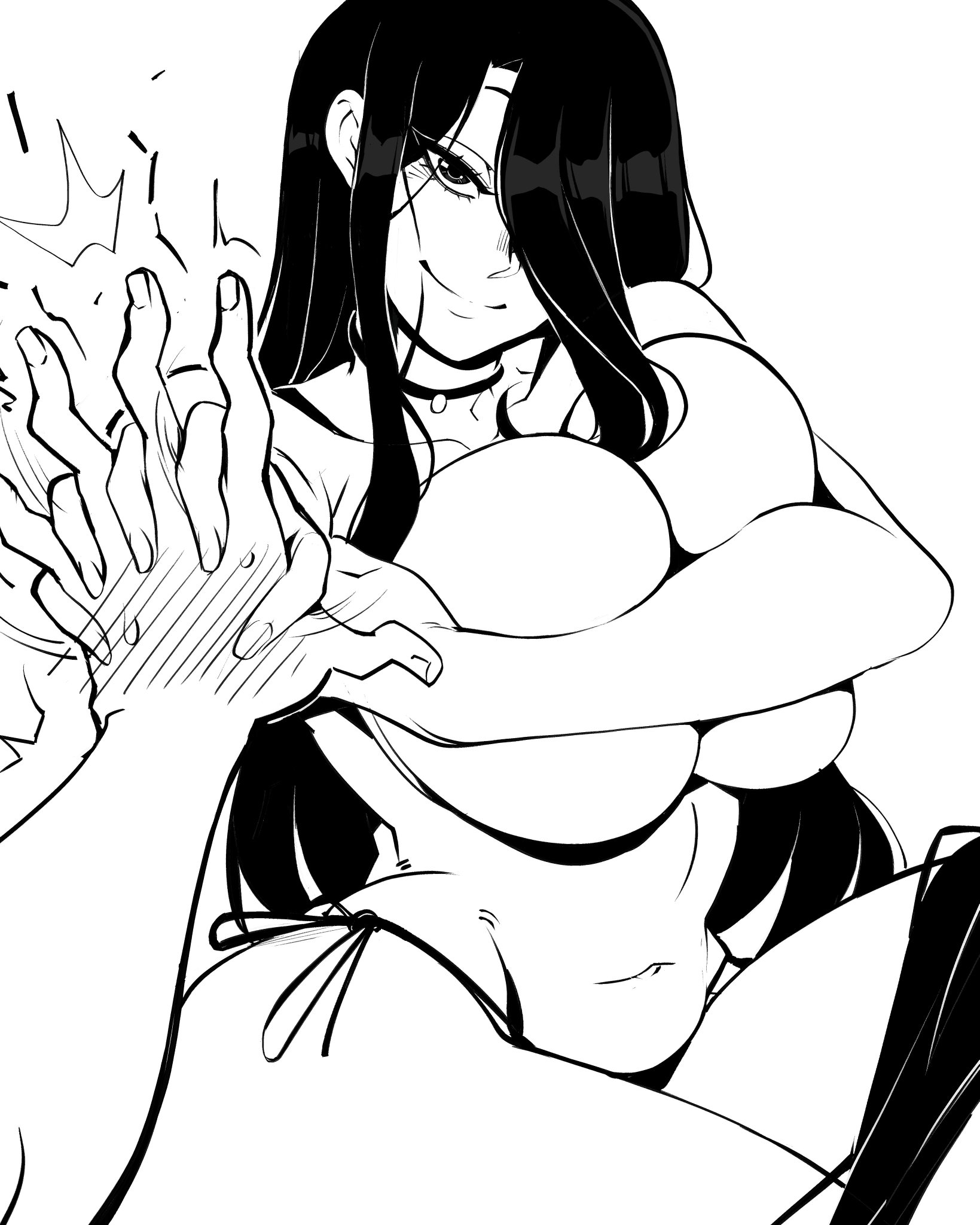 1boy, 1girls, big ass, big breasts, blush, blush lines, breasts, curvaceous, curvy, curvy figure, dark hair, digital media (artwork), female, grabbing, hair over one eye, hips, hourglass figure, huge ass, huge breasts, kize art, large ass, large breasts, legs, long hair, looking at viewer, male, male pov, male/female, mature, mature female, nila (telepurte), pov, slim waist, smile, smirk, straight, thick, thick hips, thick legs, thick thighs, thighs, voluptuous, waist, wide hips