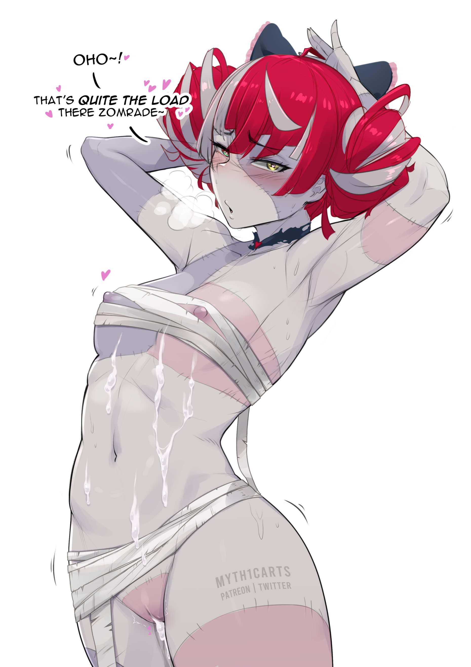 :o, 1girls, artist name, bandages, belly, blush, breasts, cum, cum drip, cum in pussy, cum inside, cum leaking, cum on belly, cum on body, cum on stomach, english text, female, female only, hair buns, hairless pussy, hands above head, heart, heavy breathing, highres, hips, hololive, hololive indonesia, hololive indonesia holoro, kureiji ollie, looking at viewer, myth1c, myth1carts, navel, nipple slip, nipples, nipples outside, posing, praise, pussy, pussy out, shaved pussy, small breasts, solo, standing, stomach, text, undead, virtual youtuber, waist, white background, wrappings, yellow eyes, zombie, zombie girl