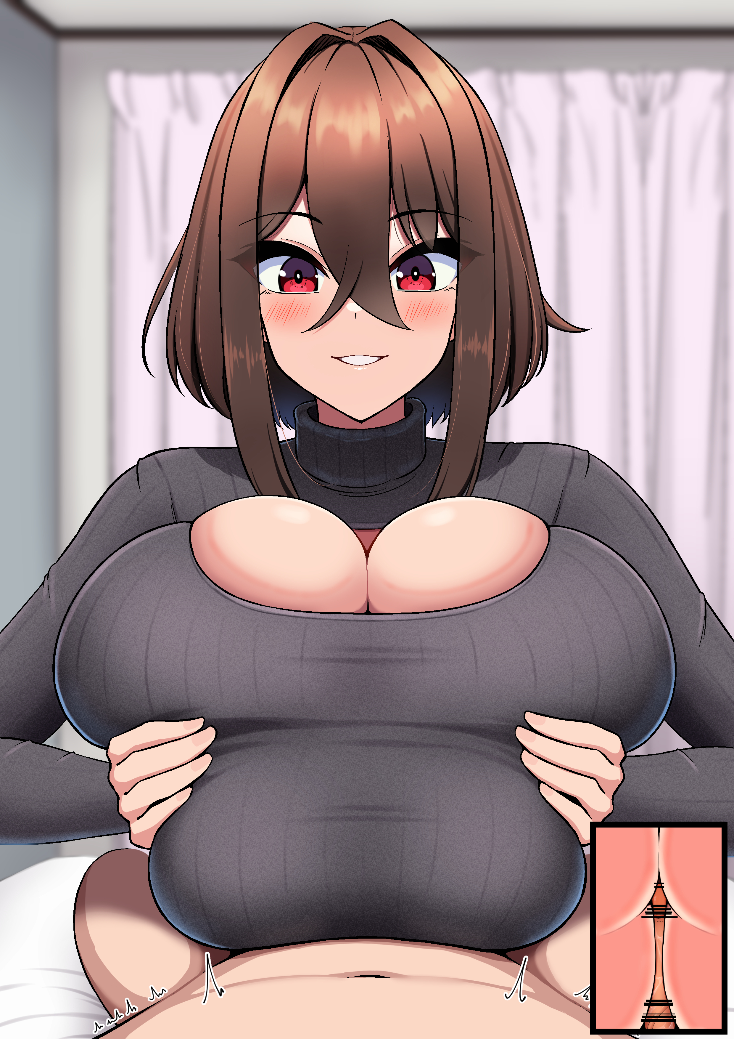 1boy1girl, aya (emp/denjipgre), breasts, breasts bigger than head, brown hair, censored penis, emp (denjipgre), excited, female, huge breasts, imminent paizuri, internal cleavage, looking at partner, looking at self, male, paizuri, paizuri lead by female, paizuri under clothes, penis, red eyes, small penis, small penis adoration, smiling at partner, sweater, tremble spikes, trembling, trembling for pleasure, virgin killer sweater, x-ray view