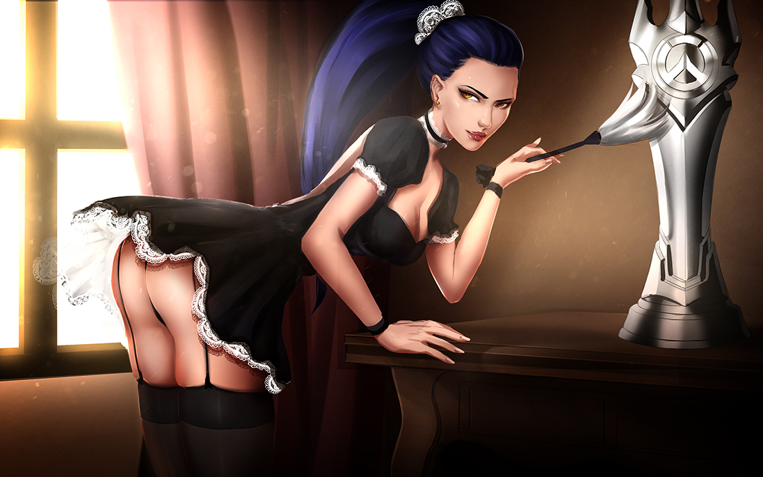 1girls, ass, bend over position, bending over, breasts, cherry-gig, cleavage, feather duster, female, female only, garter belt, garter straps, long hair, looking at viewer, maid, maid outfit, overwatch, ponytail, purple hair, skirt, solo, stockings, thighhighs, thong, tied hair, upskirt, widowmaker