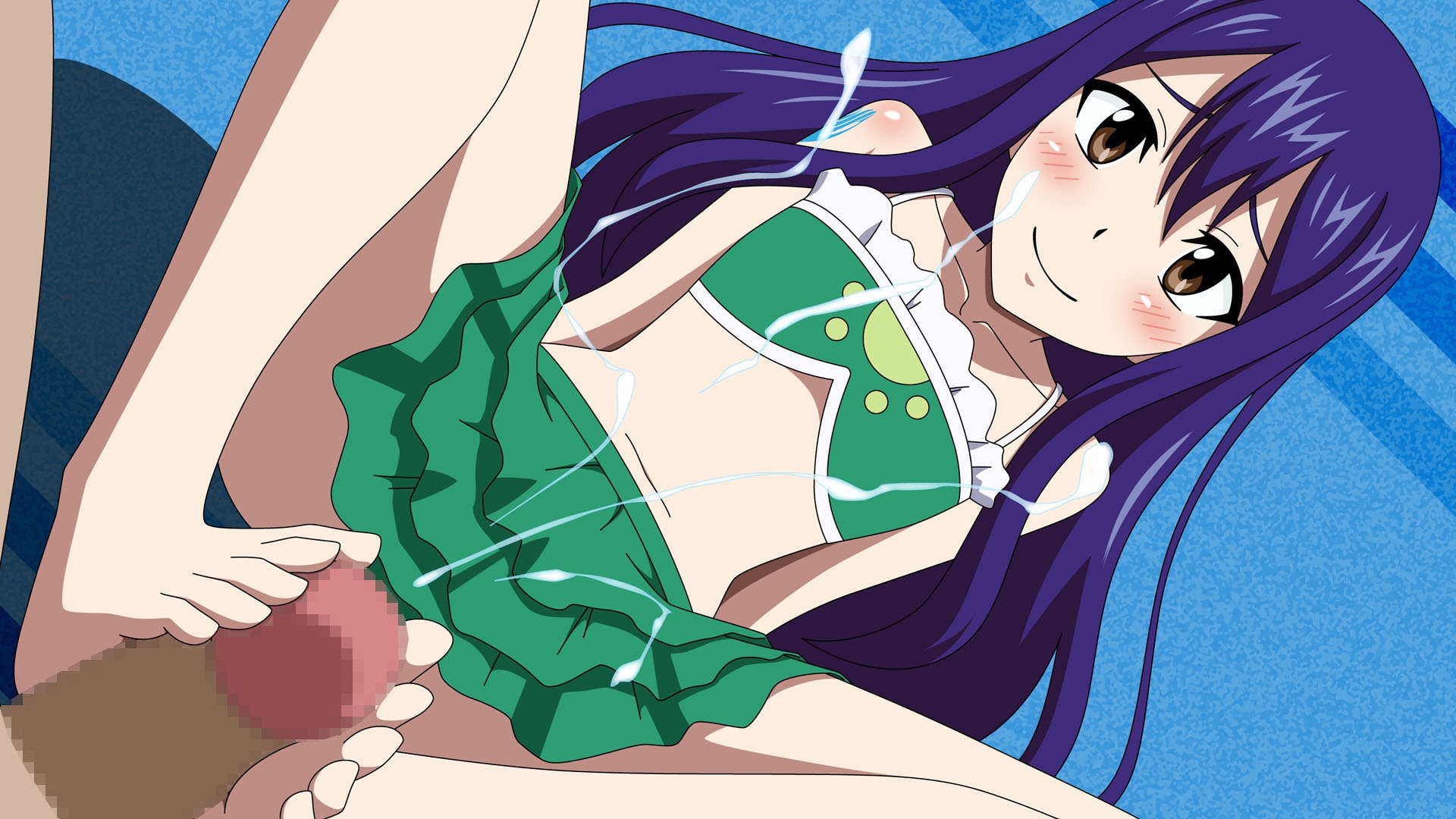1boy, 1girls, barefoot, blue hair, blush, brown eyes, cum, fairy tail, female, footjob, male, penis, smile, tagme, wendy marvell