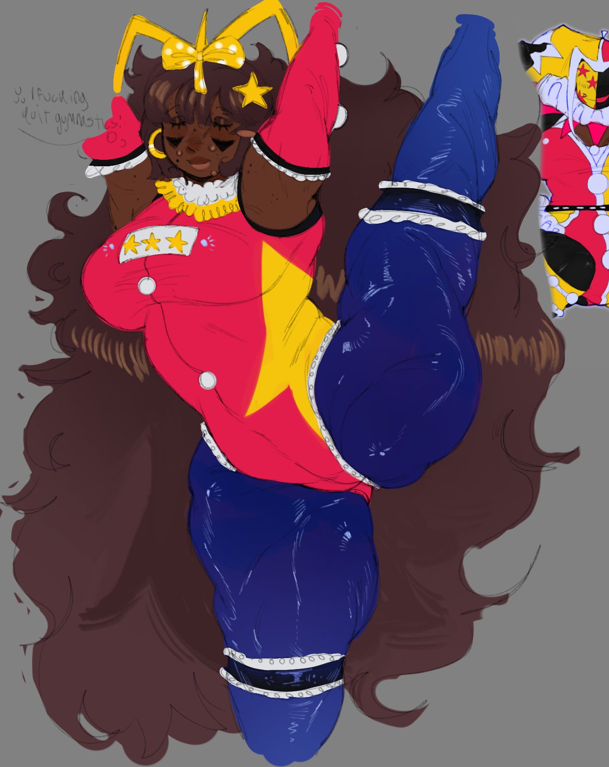 1girls, big breasts, big thighs, black female, bodysuit, bow, breasts, brown hair, dark-skinned female, defined muscles, face paint, female, forsaken (roblox), gloves, gymnastics, huge thighs, jester, leg up, long hair, monobxxitch, muscles, muscular, muscular female, muscular thighs, official alternate costume, roblox, roblox game, robloxian, schmuck (forsaken), spread legs, stretching, taph (forsaken), thighs, tight clothing, tight fit, toned body, toned female, toned legs