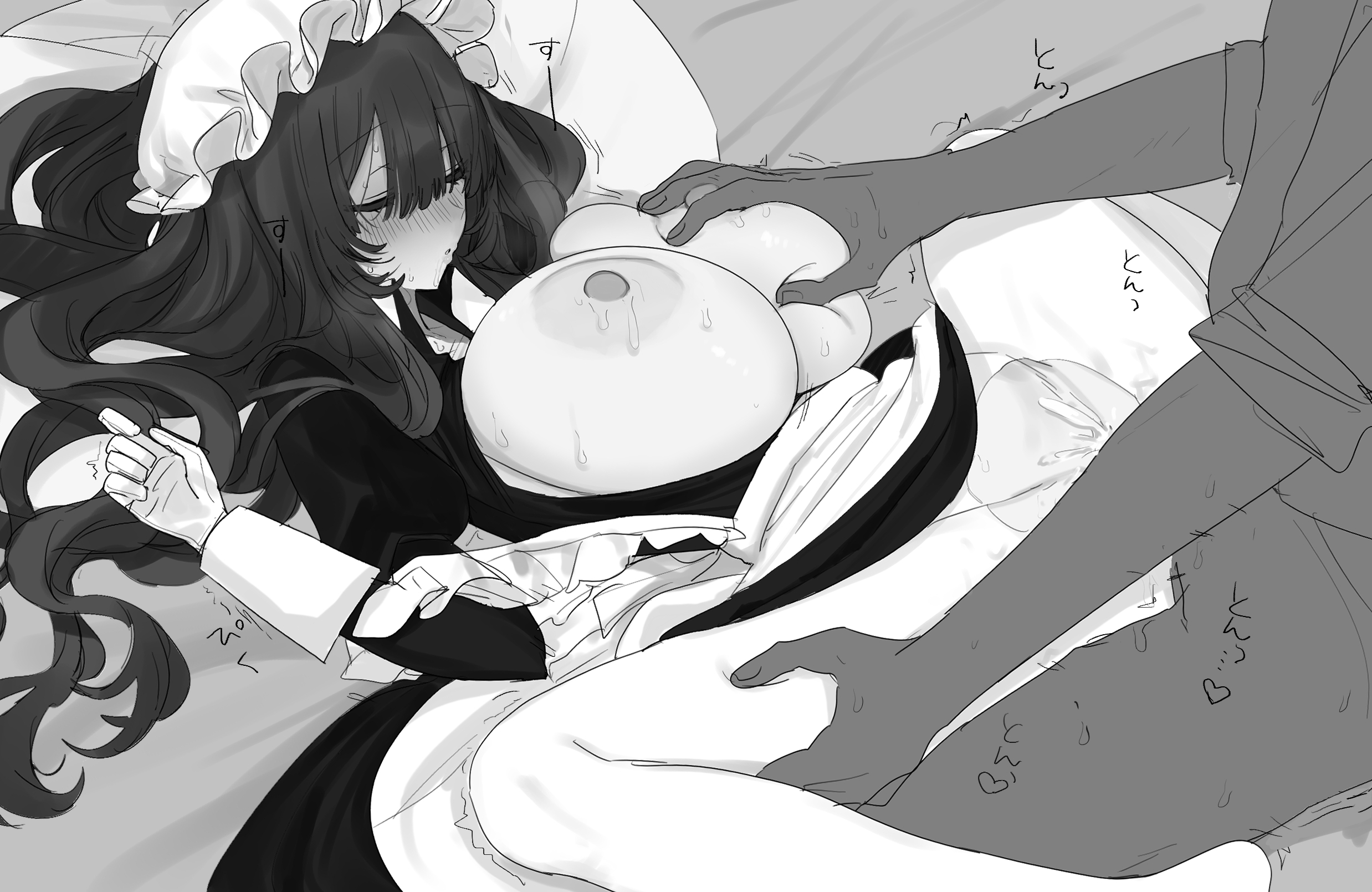 1boy, 1boy1girl, 1girls, breasts, breasts out, drooling, dubious consent, eurasia (wtp09ptw14), female, francoise (eurasia), grabbing breasts, huge breasts, long hair, lying on bed, maid, maid headdress, maid uniform, male, missionary position, missionary sex, monochrome, oc, open clothes, original, penetration, pussy, ripped pantyhose, sex, sleeping, sweat, sweatdrop, twitching, vaginal penetration, wtp09ptw14