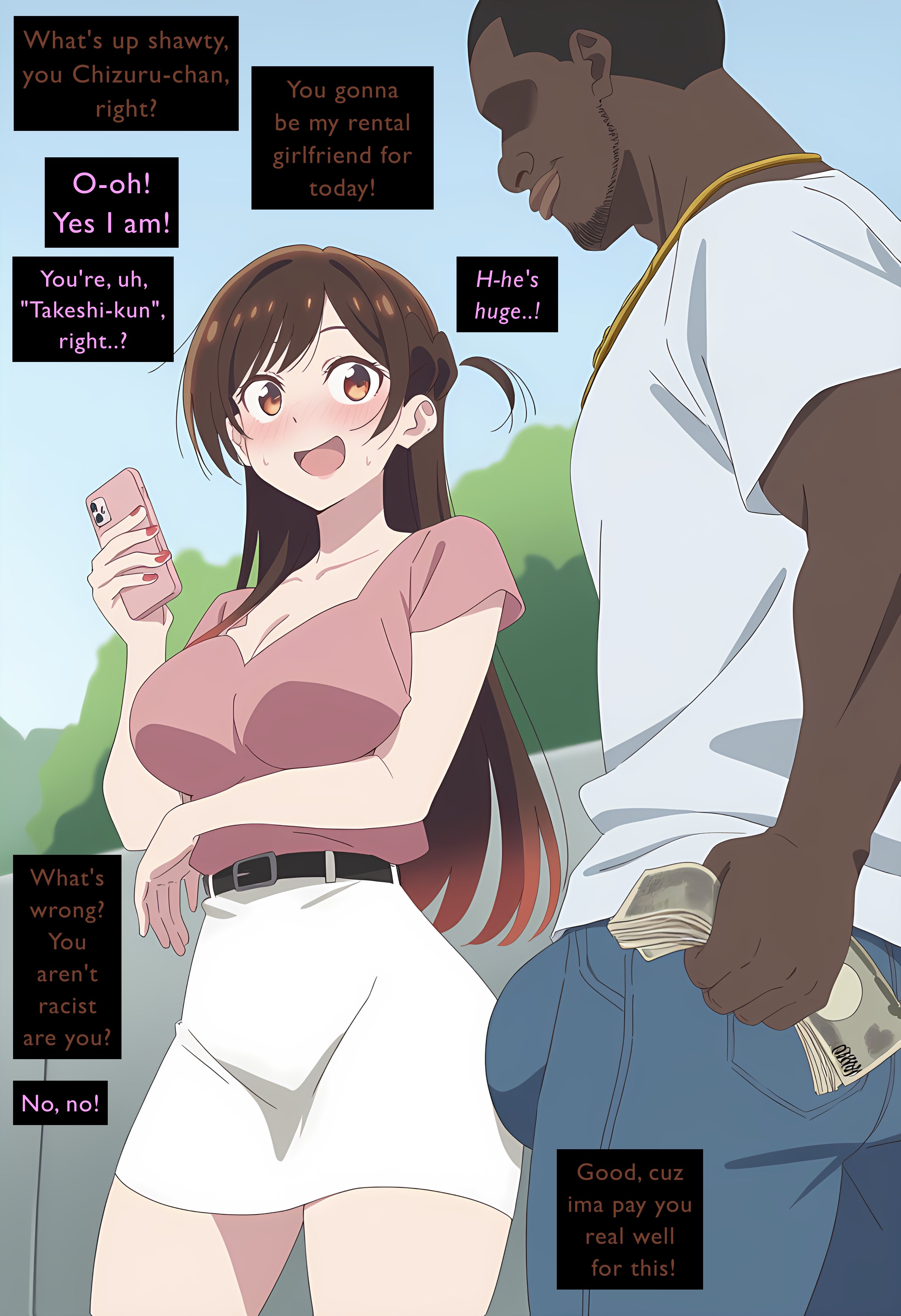 1boy, 1girls, ai generated, big penis, breasts, brown hair, bulge through clothing, cheating, color, dark skin, dark-skinned male, english text, erect penis, female, huge breasts, huge cock, imminent sex, interracial, kanojo okarishimasu, kokujingasuki, large breasts, light-skinned female, male, mizuhara chizuru, netorare, ntr, open mouth, penis, prostitution, race traitor, raceplay, speech bubble, text
