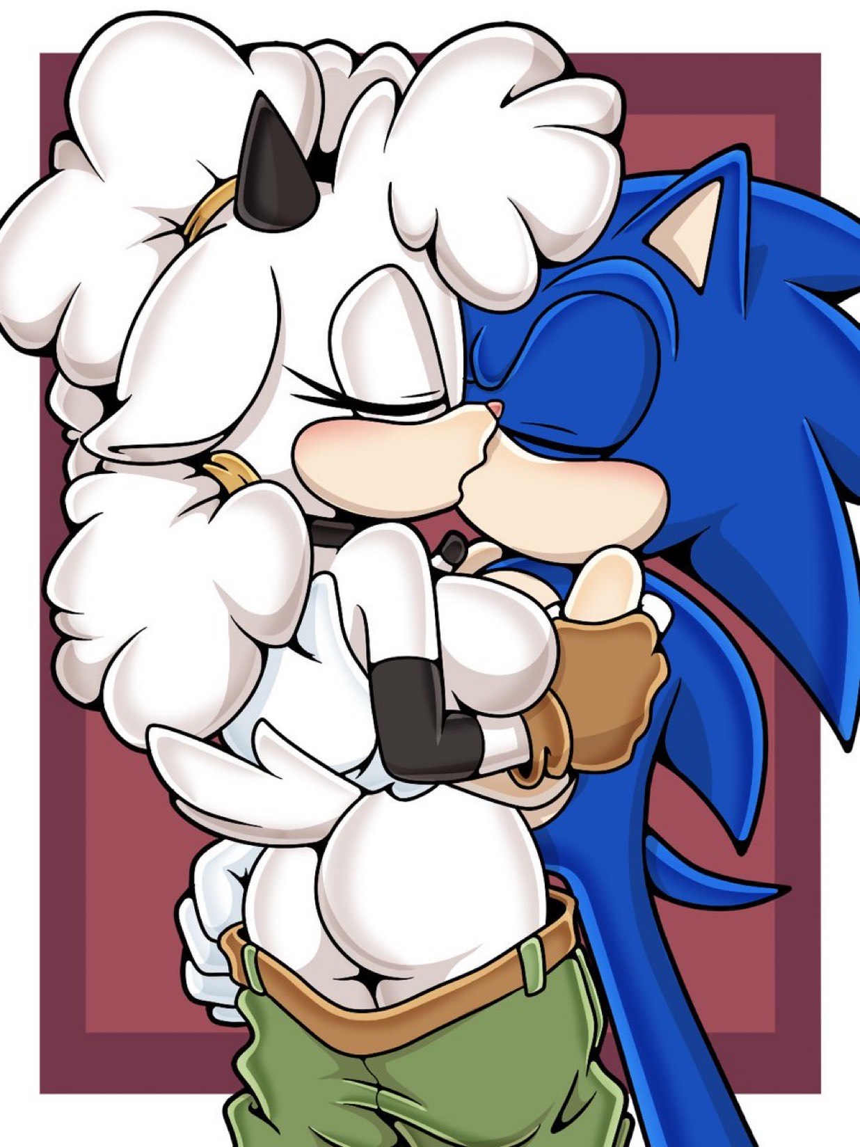 1boy, 1girls, 2025, 2d, 2d (artwork), anthro, anthro on anthro, ass, belt, big breasts, black elbow pads, black horns, blue fur, blush, breasts, breasts out, brown belt, brown gloves, closed eyes, digital art, digital drawing (artwork), elbow pads, eulipotyphlan, eyelashes, eyes closed, female, fingerless gloves, gloves, grabbing another's arm, green pants, hand on another's back, hand on arm, head tuft, hedgehog, hedgehog boy, hi res, highres, horns, idw publishing, kiss, kissing, lanolin the sheep, light skin, light-skinned female, light-skinned male, male, male/female, mammal, mobian, mobian (species), mobian hedgehog, mobian sheep, pants down, pants pulled down, pink nose, sega, sheep, sheep girl, sonic (series), sonic the hedgehog, sonic the hedgehog (idw), sonic the hedgehog (series), sonicguru, straight, tail, two-tone fur, undressing, white fur, white gloves, wool (fur)