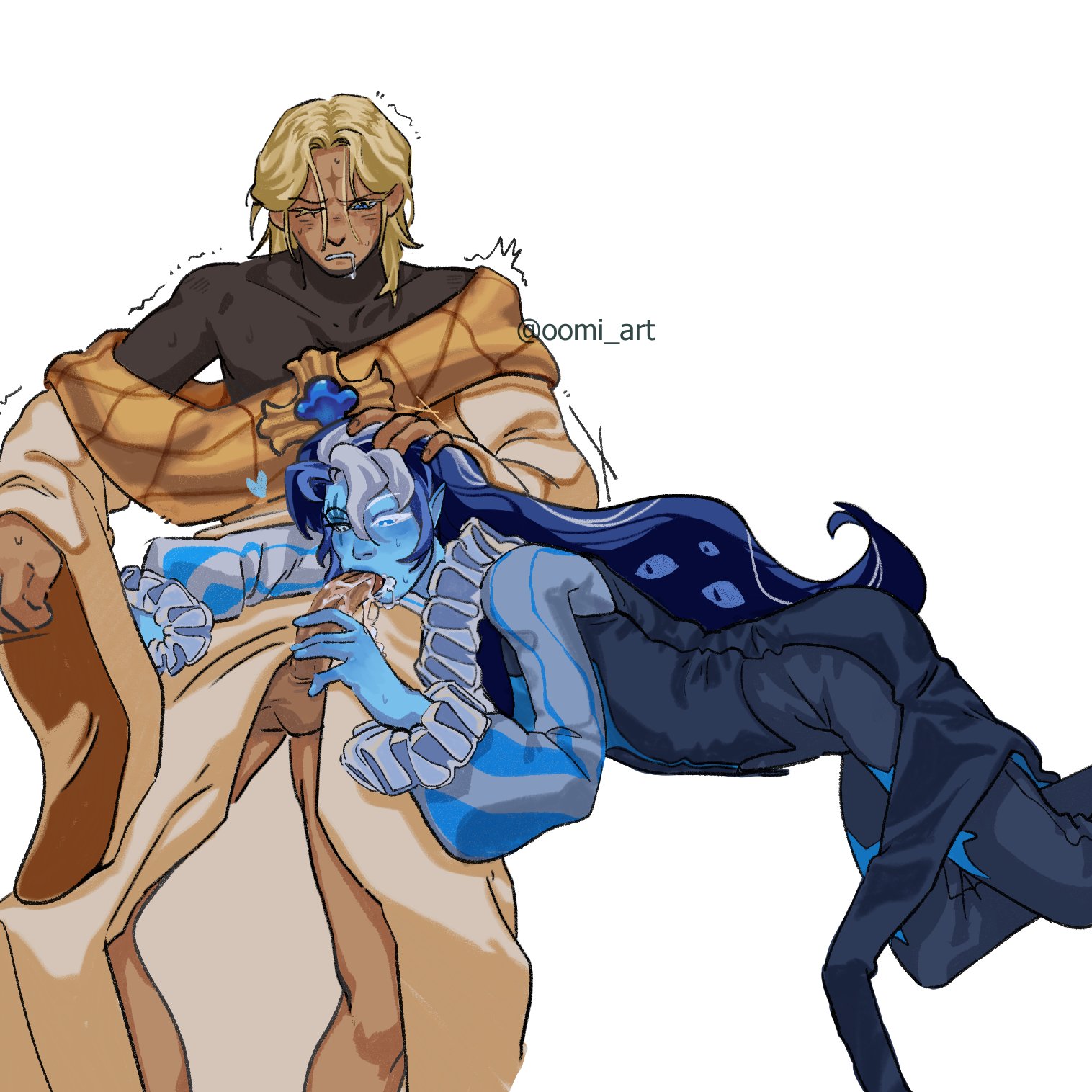 blowjob, clothed, clothed blowjob, clothed sex, clothing, cookie run, cookie run kingdom, drooling, floating, gay, grabbing hair, male, one eye closed, overstimulation, peak art, pure vanilla cookie, shadow milk cookie, twitching, yaoi