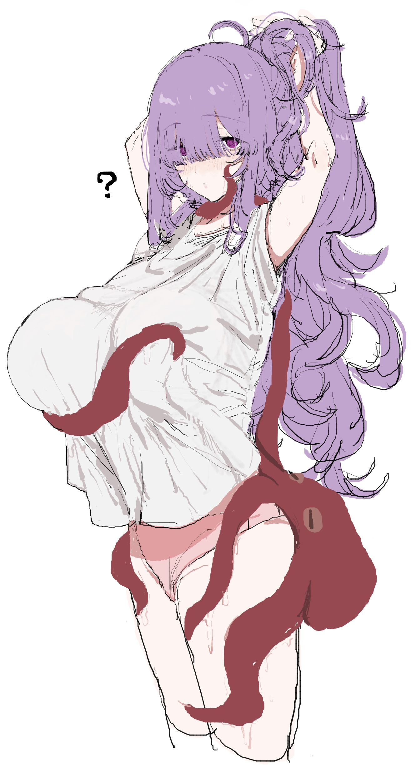 arms behind head, arms up, clothed, confused, eurasia (wtp09ptw14), female, francoise (eurasia), long hair, looking at viewer, oc, octopus, original, ponytail, purple eyes, purple hair, question mark, tentacle, tentacle around neck, tentacle under clothes, underwear, wtp09ptw14, zoophilia