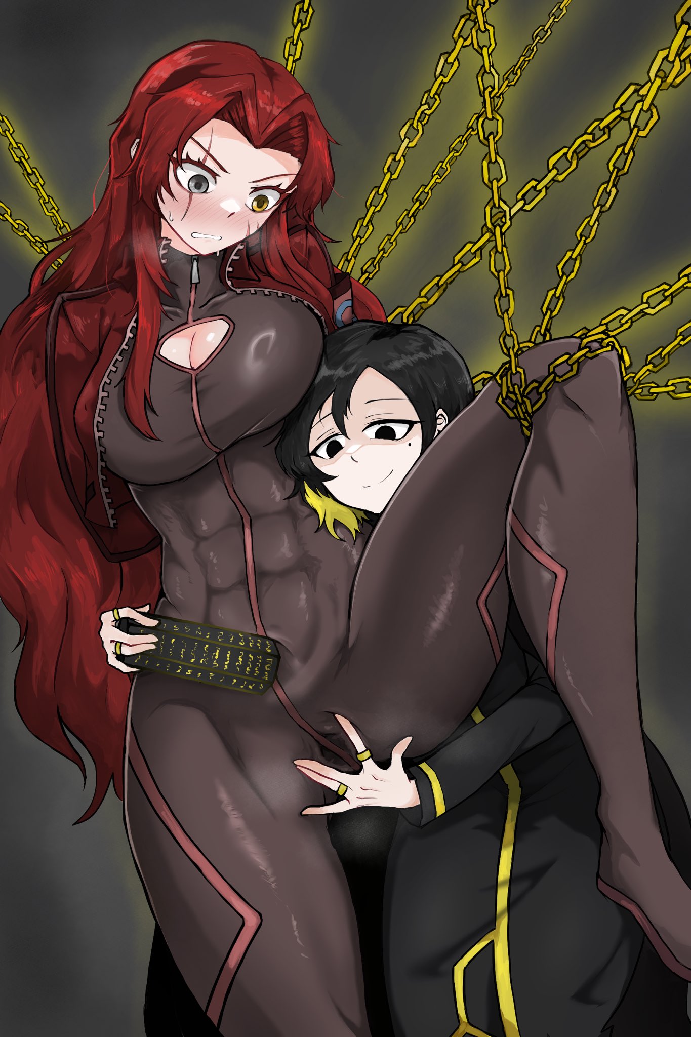2girls, abs, arms behind back, athletic female, big breasts, binah, black eyes, black hair, blush, bodysuit, bondage, boob window, breast on head, breasts, catsuit, chained, chains, cleavage, clenched teeth, clothed, dubious consent, female, femdom, femsub, fit female, gebura (lobotomy corporation), heterochromia, jacket, large breasts, legs apart, legs up, lesbian sex, library of ruina, light-skinned female, lobotomy corporation, long hair, mole, mole under eye, no underwear, one leg raised, praycity0925, project moon, pussy, red hair, restrained, restrained legs, ring, scar, scar across eye, scar on face, scowl, short hair, simple background, smug, spread pussy, steamy breath, sweat, sweatdrop, tight clothing, worried, yellow eyes, yellow highlights