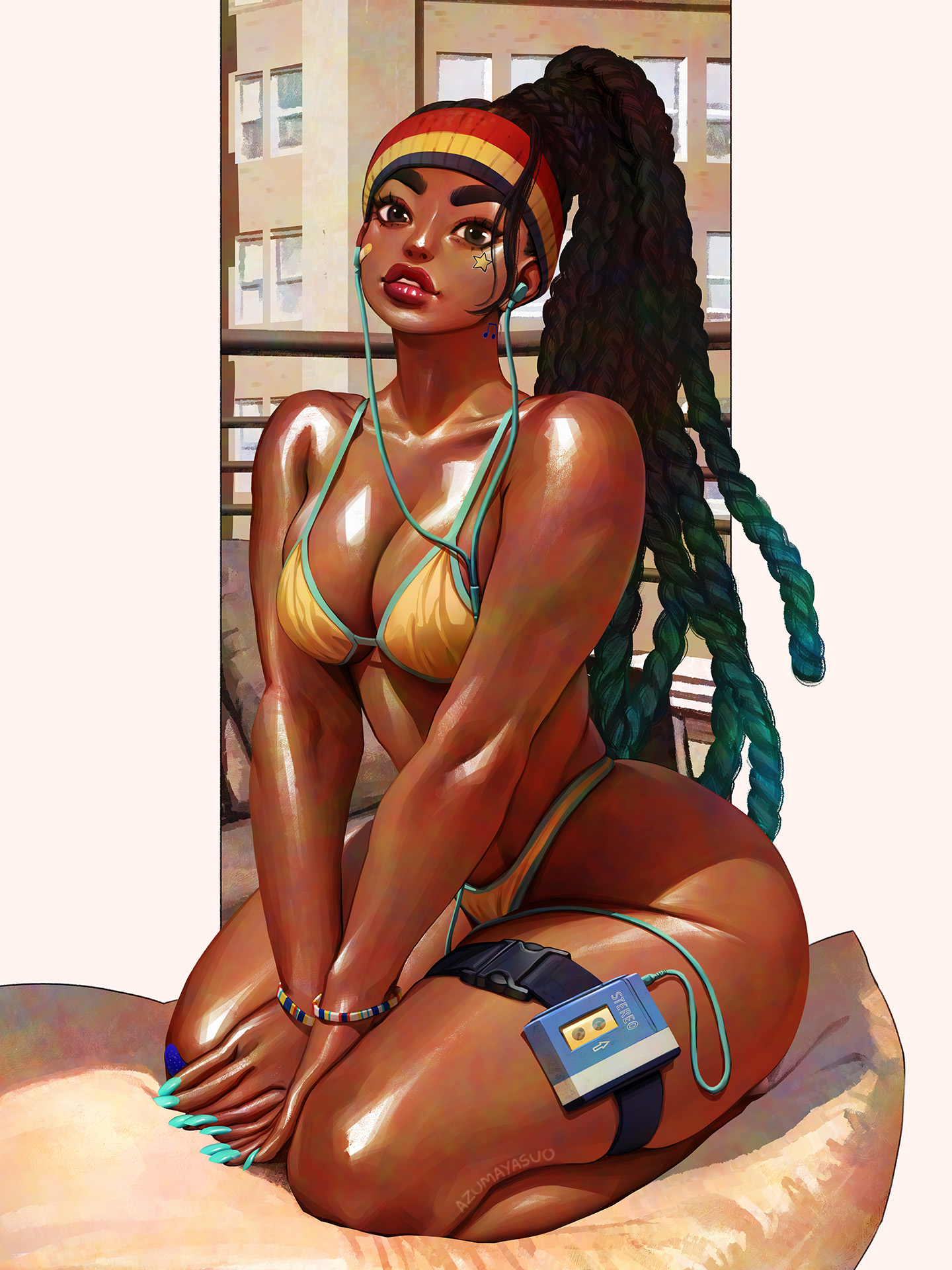 1girls, alternate version available, armwear, azuma yasuo, azumaarts, big breasts, big lips, bikini, bikini bottom, bikini top, black eyes, blue nail polish, blue nails, bottomwear, bracelet, breasts, capcom, cleavage, dreadlocks, earbuds, female, female only, headband, headwear, hips, kimberly jackson, light blue nail polish, light blue nails, lips, long nails, nail polish, nails, official alternate costume, on knees, parted lips, pillow, solo, solo female, strap, street fighter, street fighter 6, swimwear, thick lips, thick thighs, thigh strap, thighs, topwear, walkman, wide hips, yellow bikini