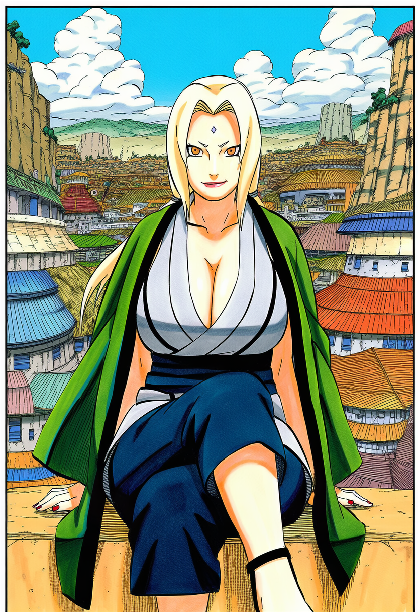 accurate art style, accurate body type, accurate proportions, ai generated, big breasts, breasts, busty, busty female, city background, curvaceous, curvy female, curvy figure, female, light-skinned female, manga style, naruto, naruto (series), outdoors, outside, tsunade