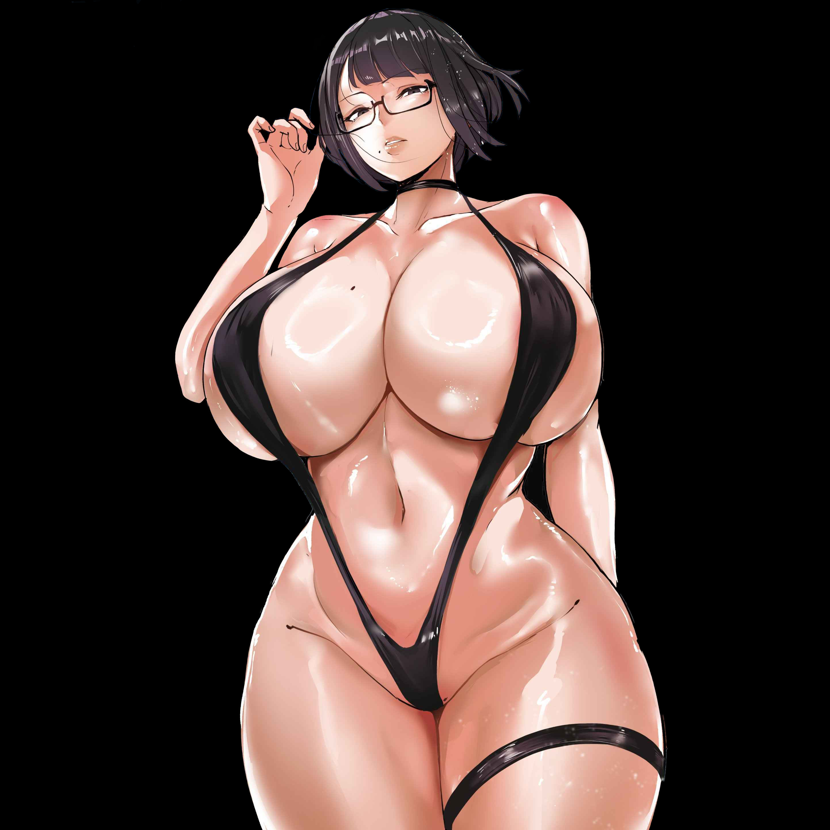 beauty mark, black hair, breasts, edit, female, grace (puzenketsu), looking at viewer, puzenketsu, shiny skin, sling bikini