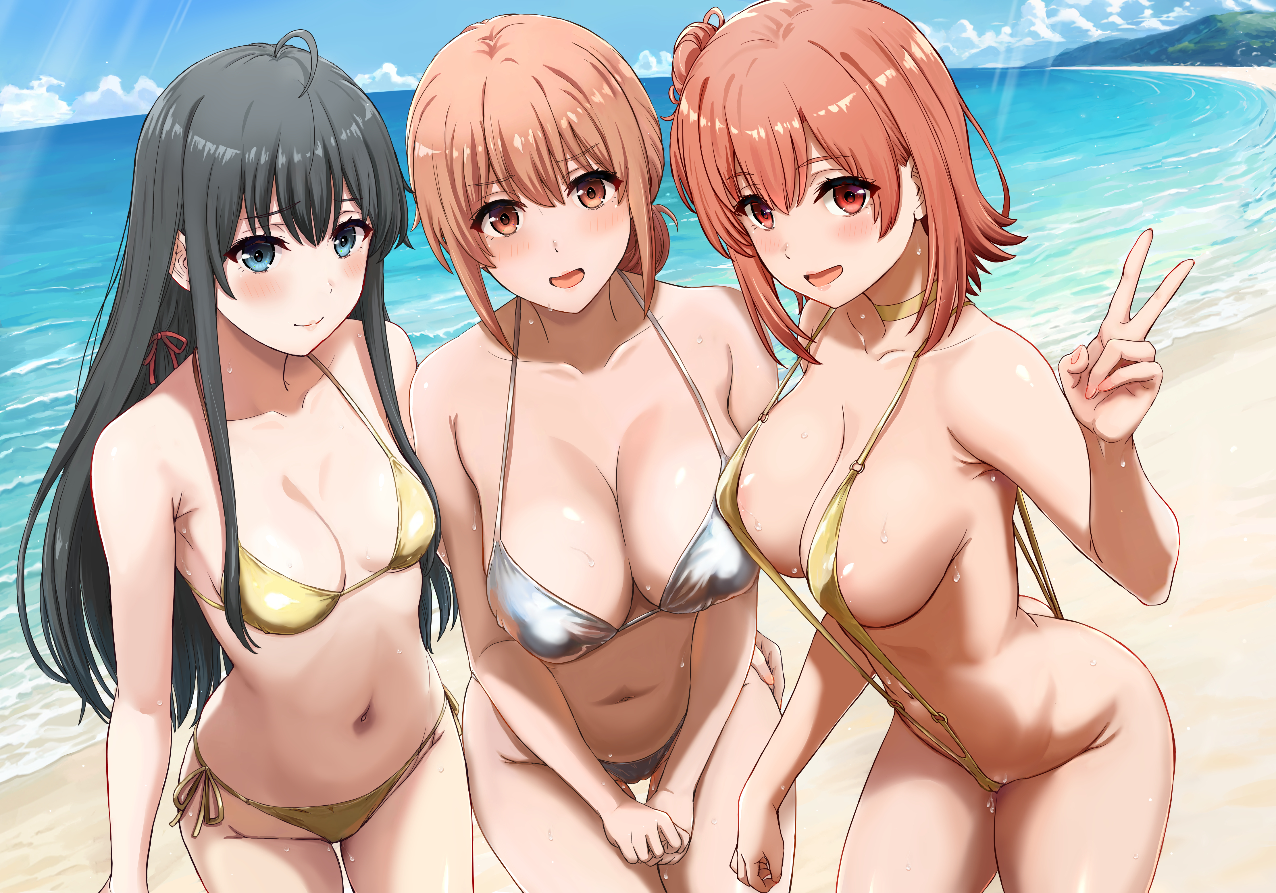 3girls, beach, big breasts, bikini, bikini bottom, bikini top, black hair, blue eyes, blush, bottomwear, breasts, brown eyes, brown hair, cleavage, daughter, female, female only, hair, hair bun, hips, huge breasts, inanaki shiki, long hair, mature, mature female, mature woman, medium breasts, milf, mother, mother and daughter, my teen romantic comedy snafu, peace sign, skimpy, skimpy bikini, sling bikini, small breasts, smile, sweat, sweatdrop, swimwear, tied hair, topwear, wet, wet body, white bikini, yellow bikini, yellow sling bikini, yuigahama yui, yuigahama yui's mother, yukinoshita yukino
