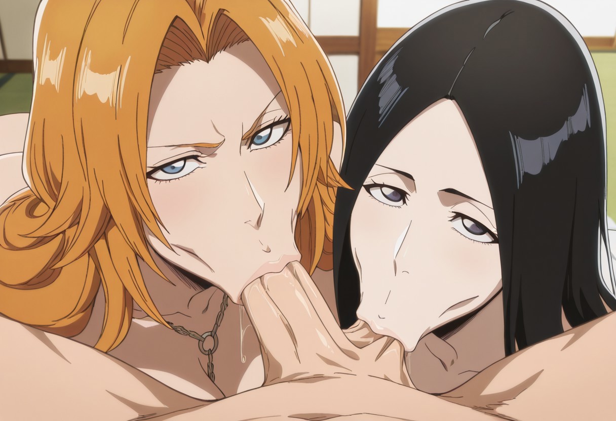 :>=, 1boy, 2girls, ai generated, balls, balls in mouth, balls sucking, big breasts, black hair, bleach, bleach: the thousand-year blood war, blowjob, blue eyes, breasts, collaborative fellatio, duo, eye contact, fellatio, female, light skin, light-skinned female, light-skinned male, long hair, looking at viewer, male, matsumoto rangiku, multiple females, multiple girls, novaro1337, oral, oral sex, orange hair, penis, pov, rangiku matsumoto, sucking balls, sucking testicles, teamwork, testicles, unohana retsu, unohana yachiru
