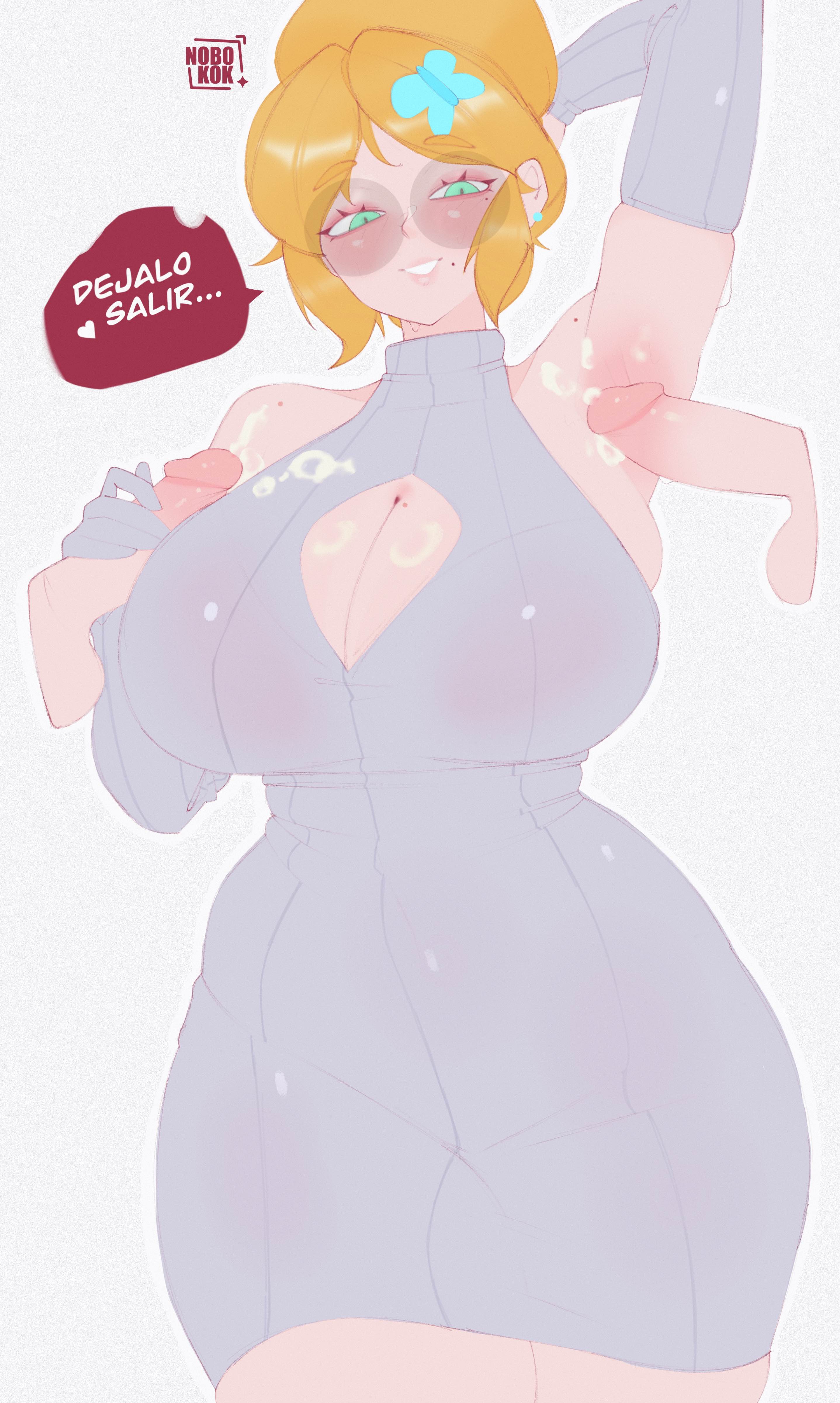 1girls, 2boys, armpit fetish, blue eyes, brawl stars, cum, cum on body, female, glasses, gloves, male, noboko k, piper (brawl stars), tagme, text, yellow hair