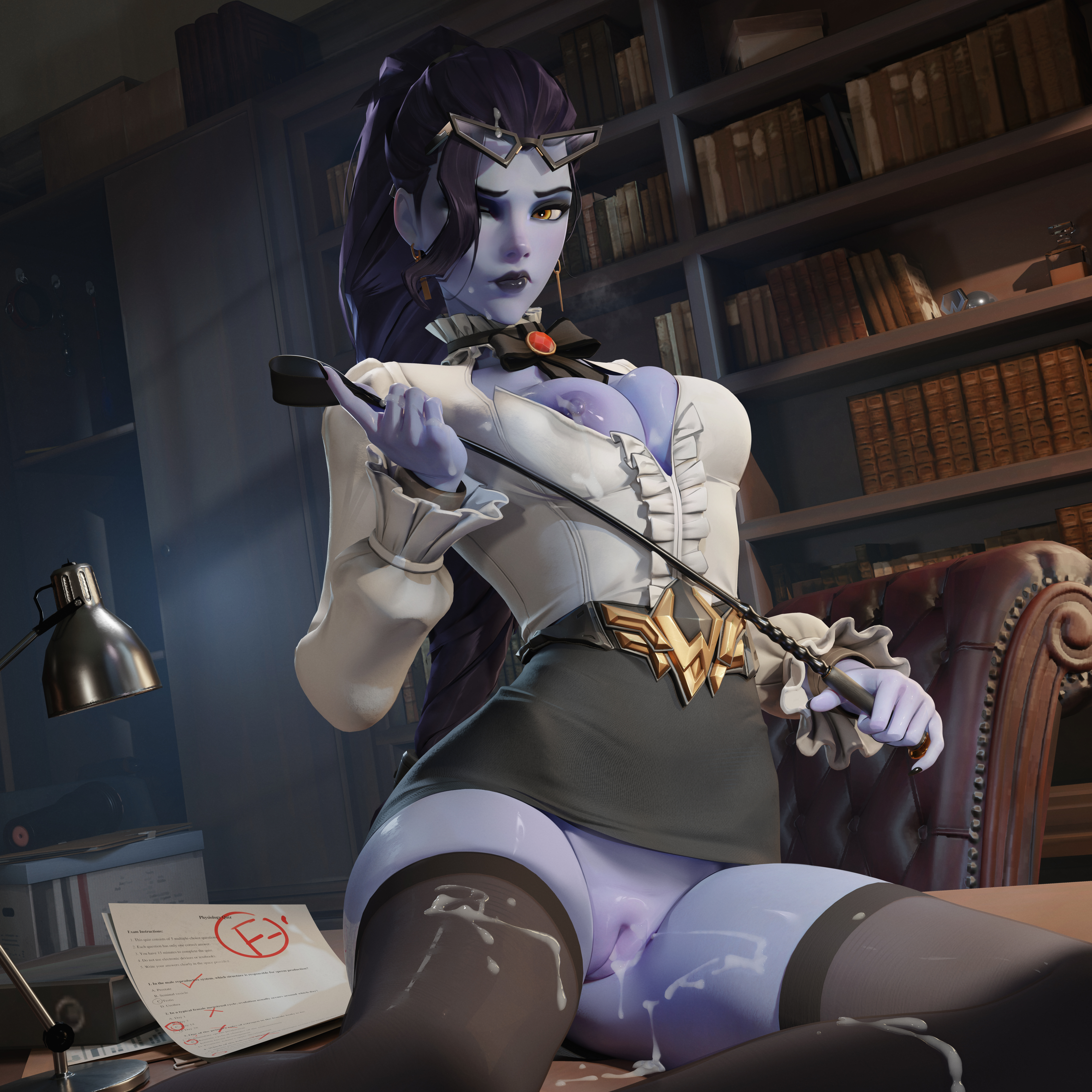 3d, after sex, bdsm, bondage, cakiibb, cleavage, cum, cum in pussy, cum on body, cum on chin, cum on clothes, cum on hair, cum on lower body, cum on nipple, cum on thighs, cum on vagina, dominant, dominant female, female, femdom, looking at viewer, nipple slip, office lady, office skirt, open shirt, overwatch, overwatch 2, overwatch league, principal lacroix, pussy, sitting, skirt up, solo, solo female, spread legs, stockings, tagme, thighhighs, widowmaker