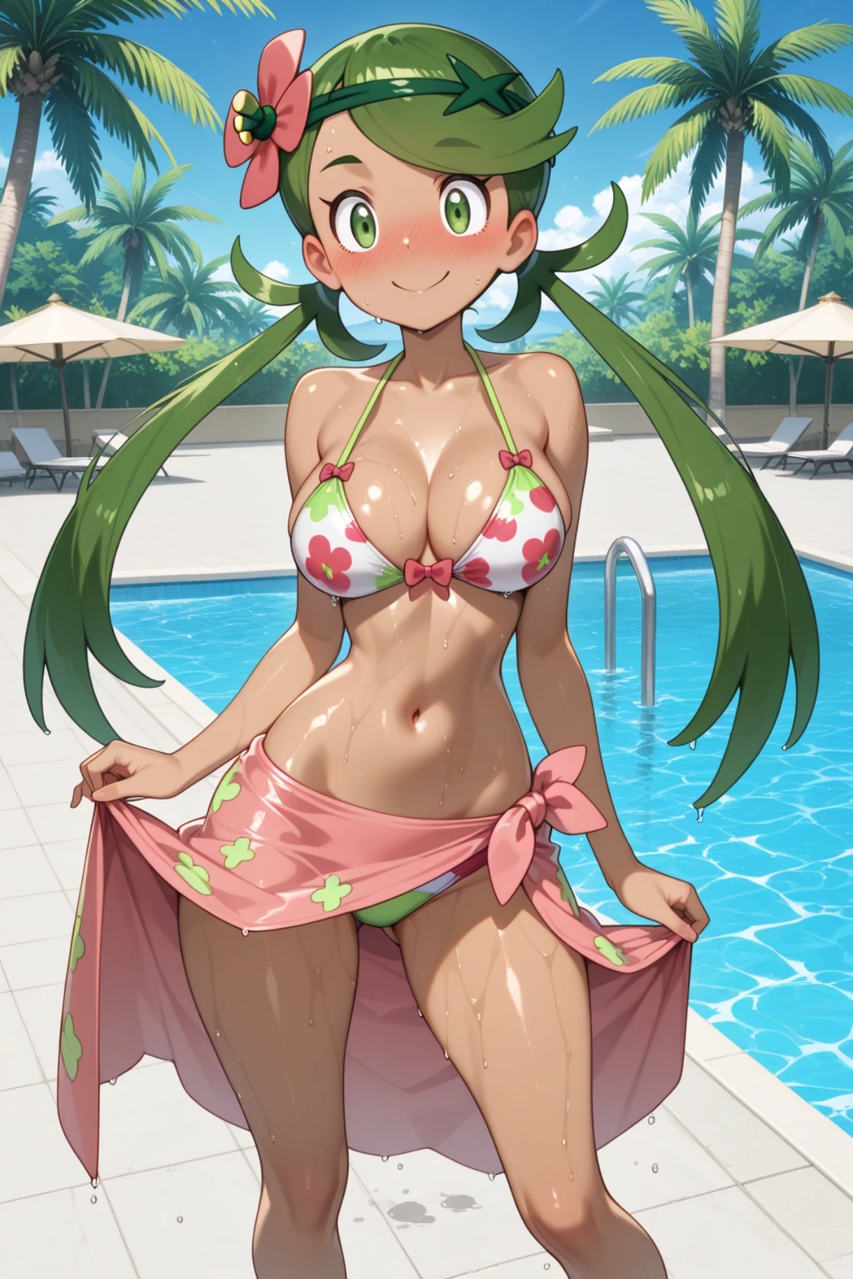 1girls, ai generated, bikini, breasts, cute, female, gavver x, green hair, mallow (pokemon), pokemon, wet